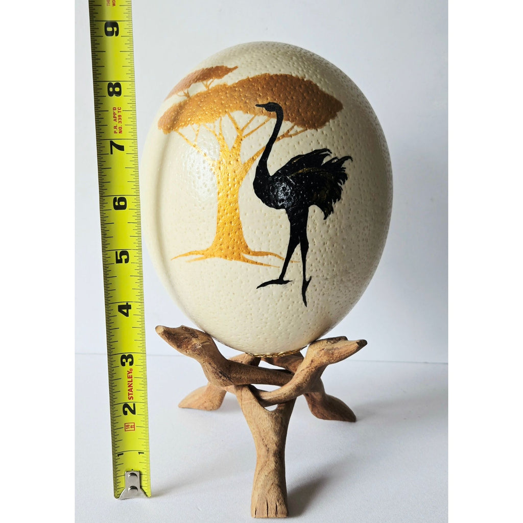 Hand-Painted Ostrich Egg W/ Wooden Stand Wildlife Art Featuring Tree & Ostrich