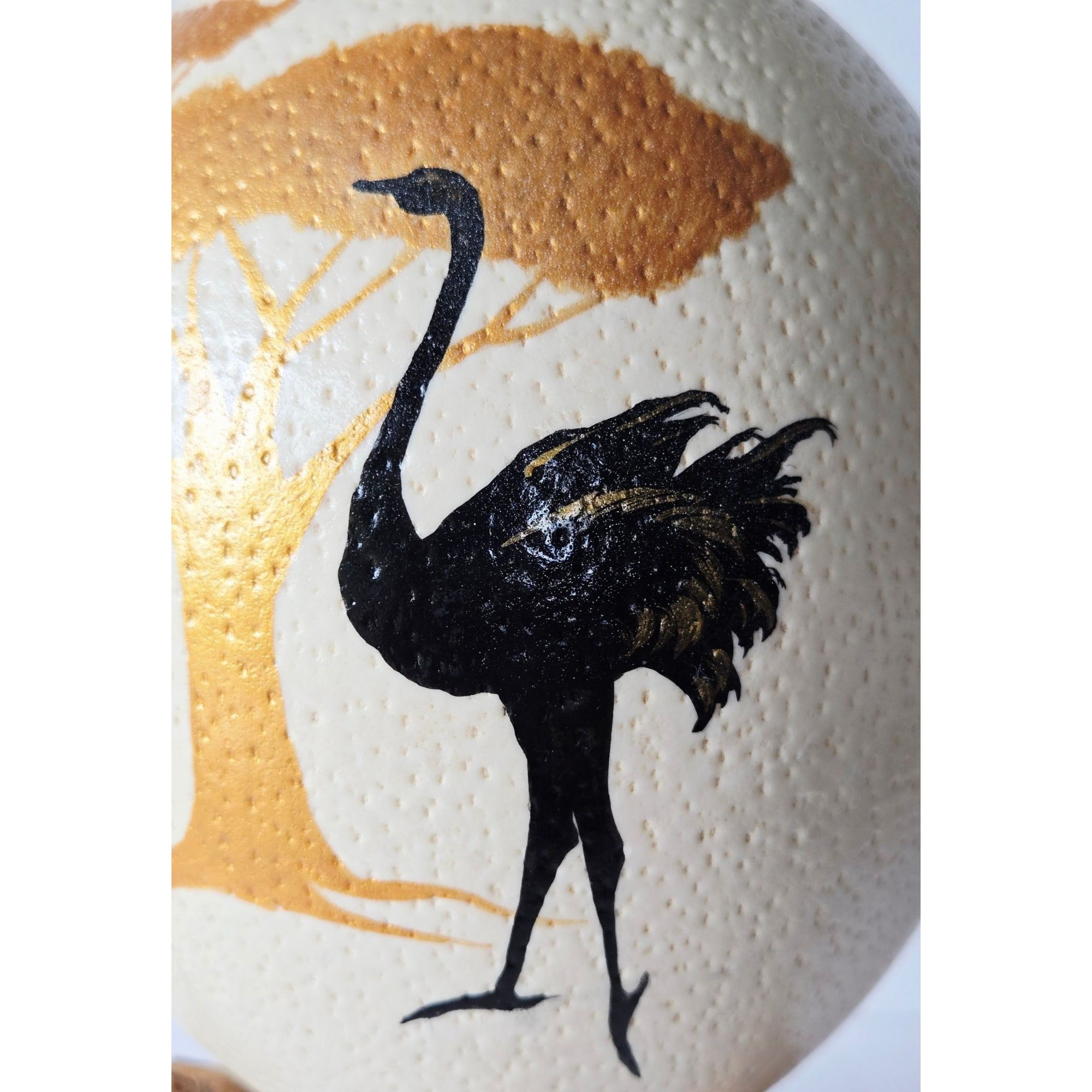Hand-Painted Ostrich Egg W/ Wooden Stand Wildlife Art Featuring Tree & Ostrich