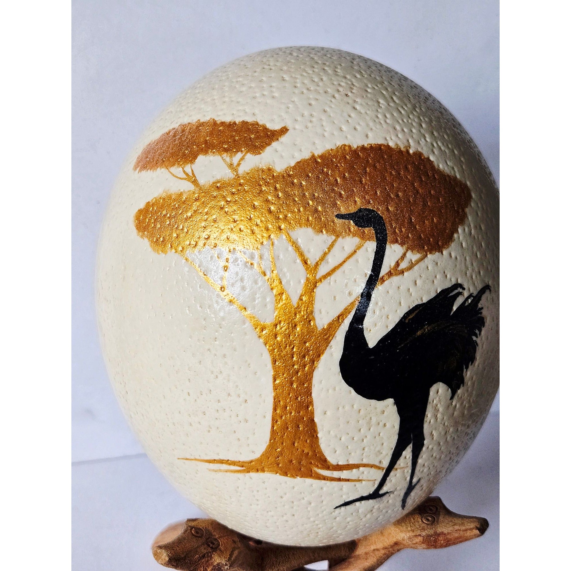 Hand-Painted Ostrich Egg W/ Wooden Stand Wildlife Art Featuring Tree & Ostrich