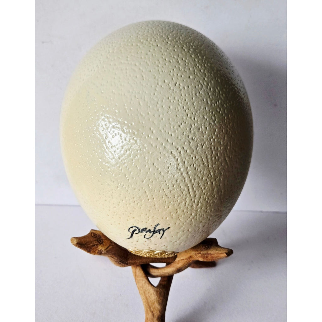 Hand-Painted Ostrich Egg W/ Wooden Stand Wildlife Art Featuring Tree & Ostrich