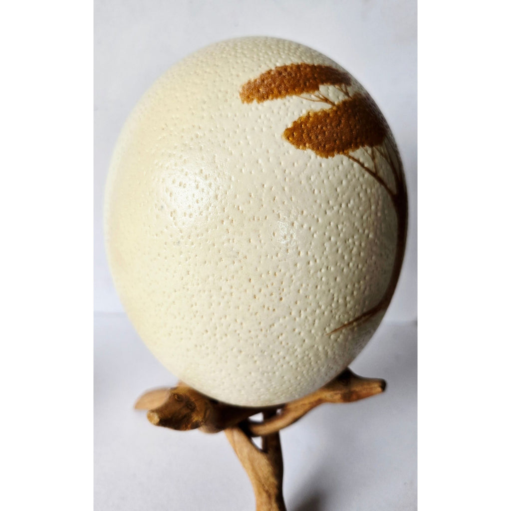 Hand-Painted Ostrich Egg W/ Wooden Stand Wildlife Art Featuring Tree & Ostrich