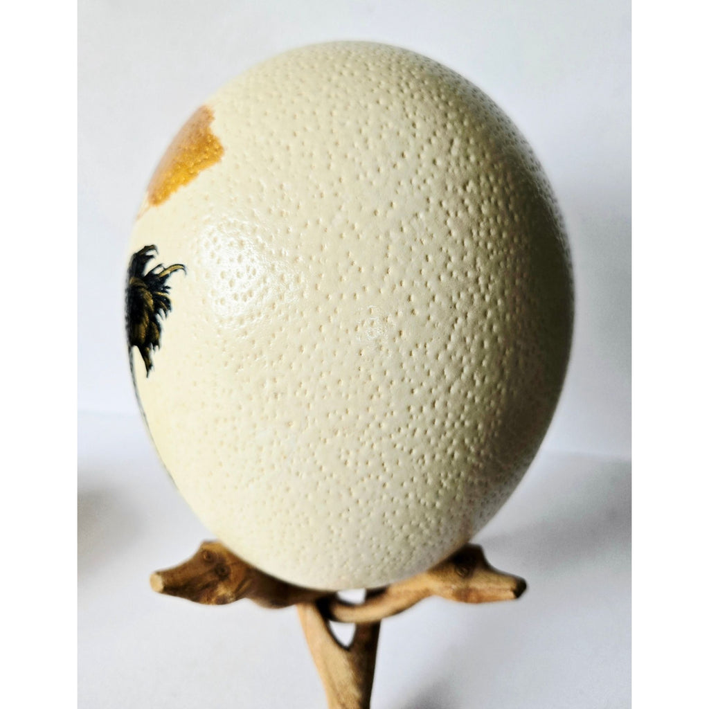 Hand-Painted Ostrich Egg W/ Wooden Stand Wildlife Art Featuring Tree & Ostrich