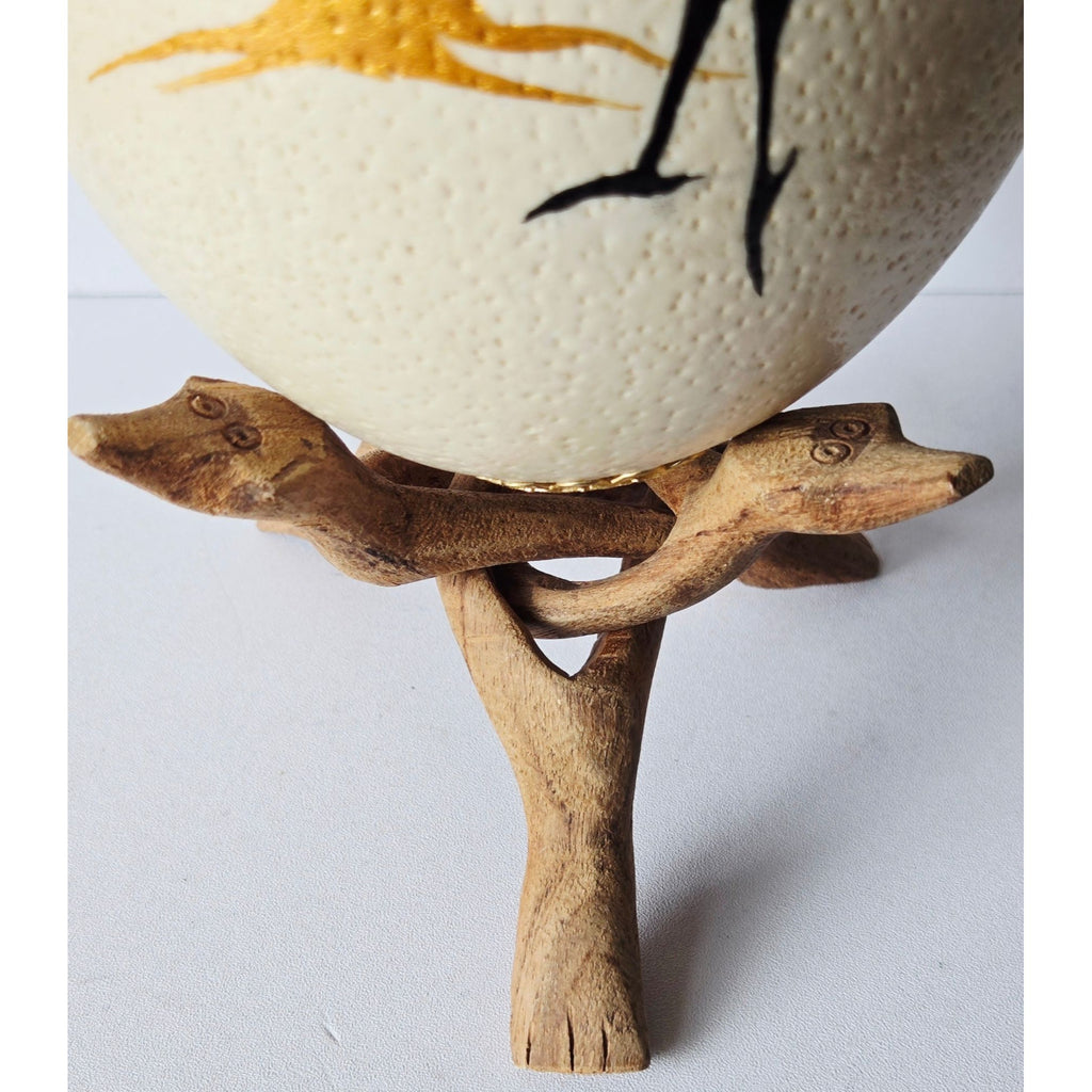 Hand-Painted Ostrich Egg W/ Wooden Stand Wildlife Art Featuring Tree & Ostrich