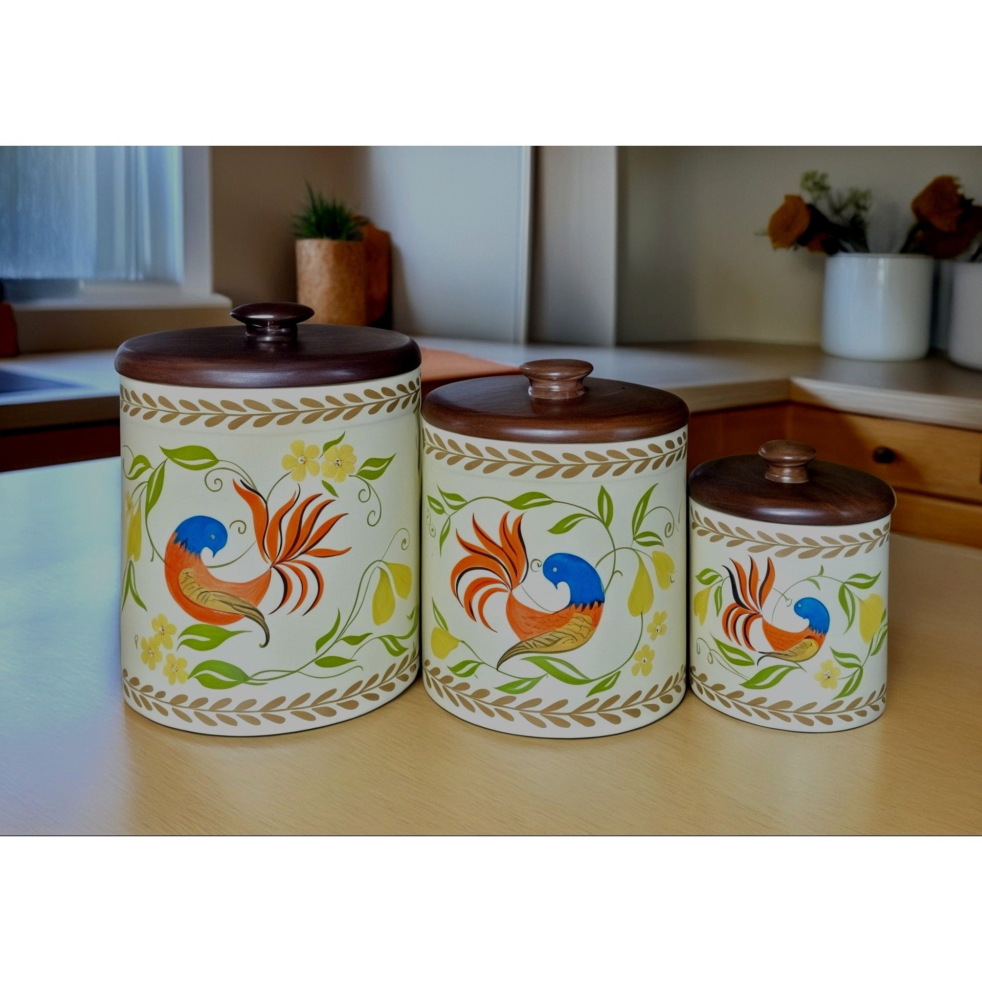 Vintage Ransburg Hand-Painted Metal Canister Set W/Wood Lids Floral & Bird Design USA