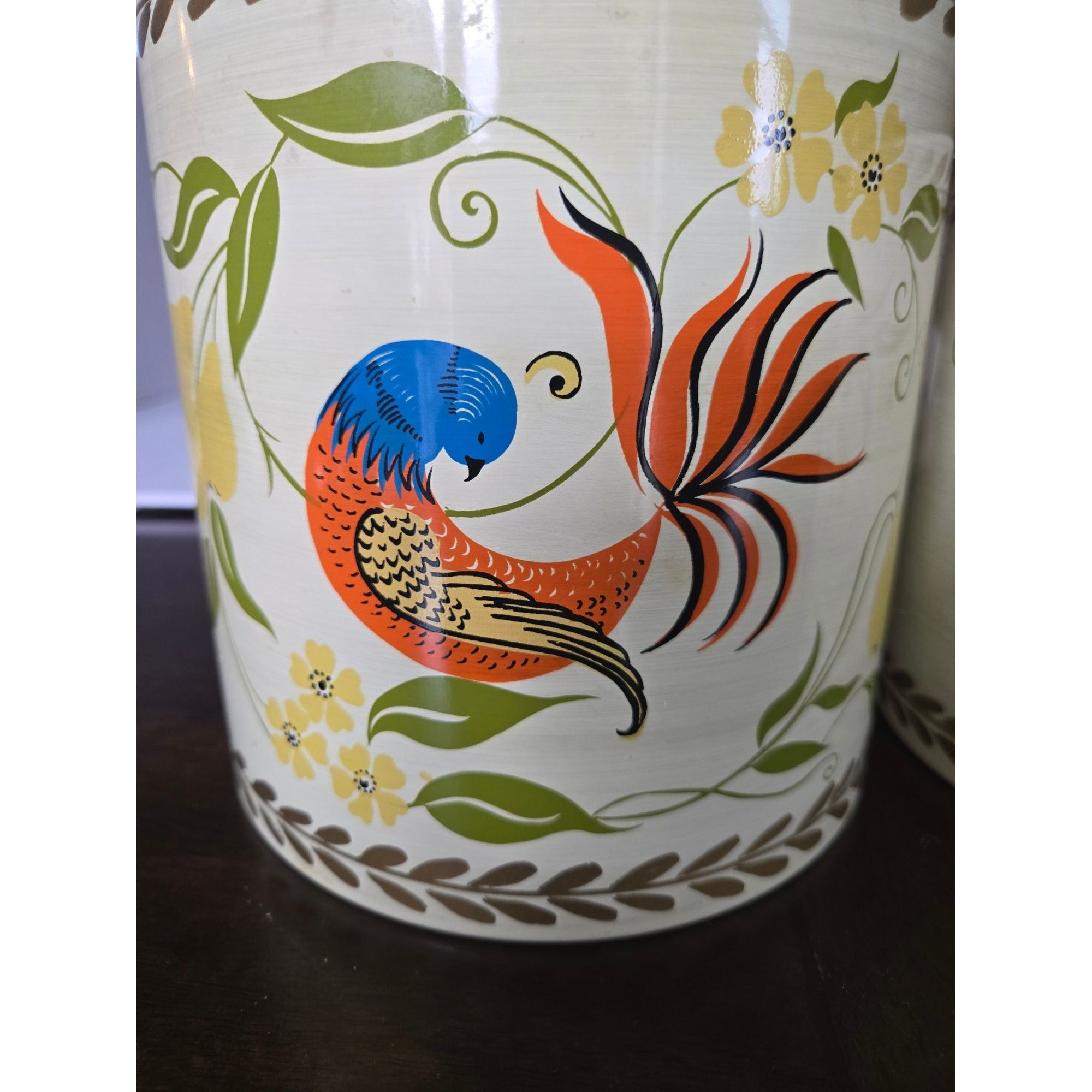 Vintage Ransburg Hand-Painted Metal Canister Set W/Wood Lids Floral & Bird Design USA