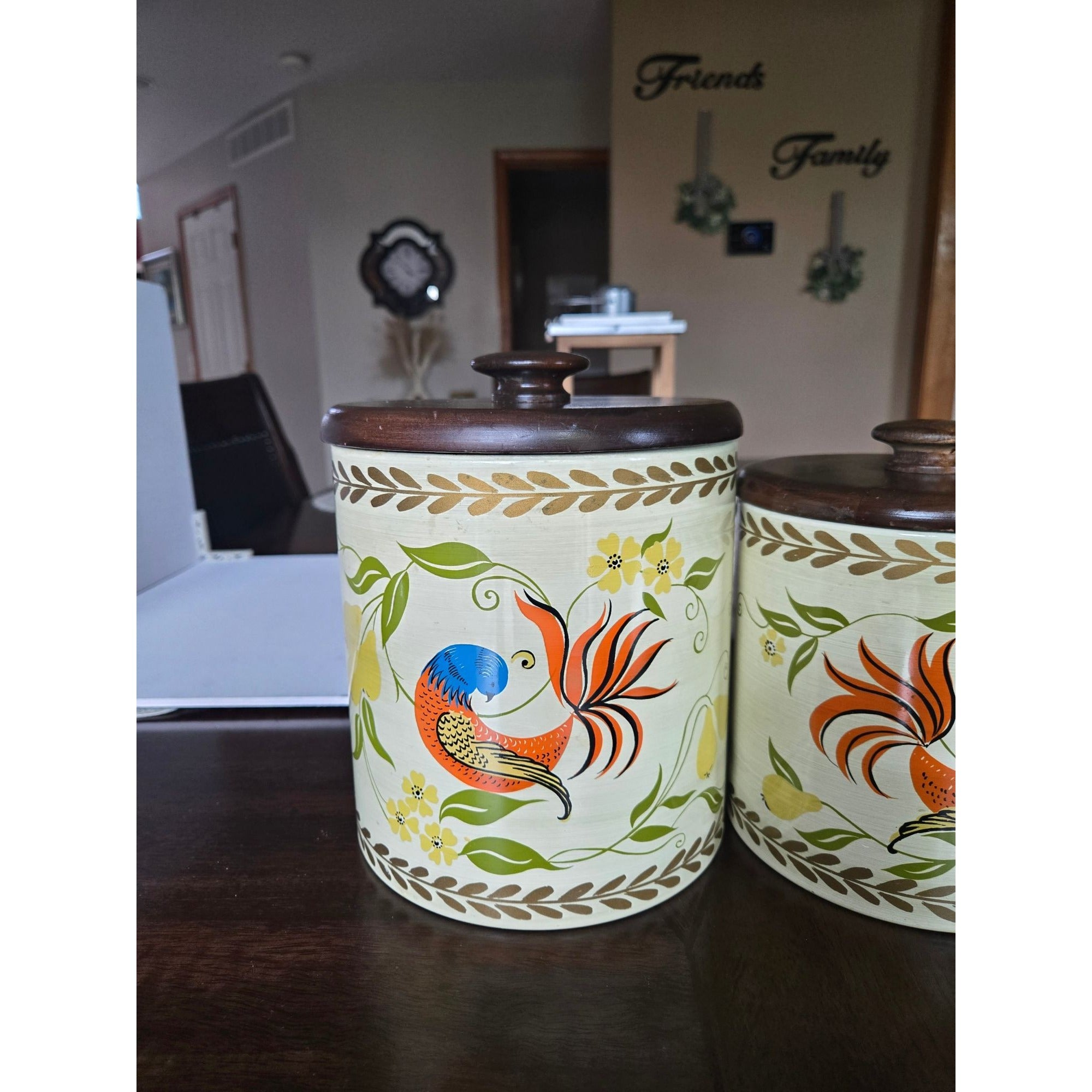 Vintage Ransburg Hand-Painted Metal Canister Set W/Wood Lids Floral & Bird Design USA