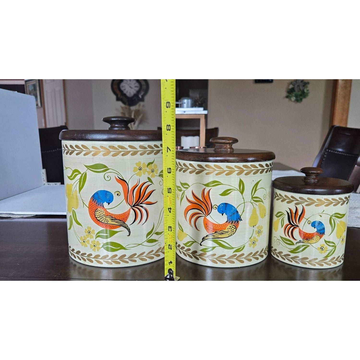 Vintage Ransburg Hand-Painted Metal Canister Set W/Wood Lids Floral & Bird Design USA