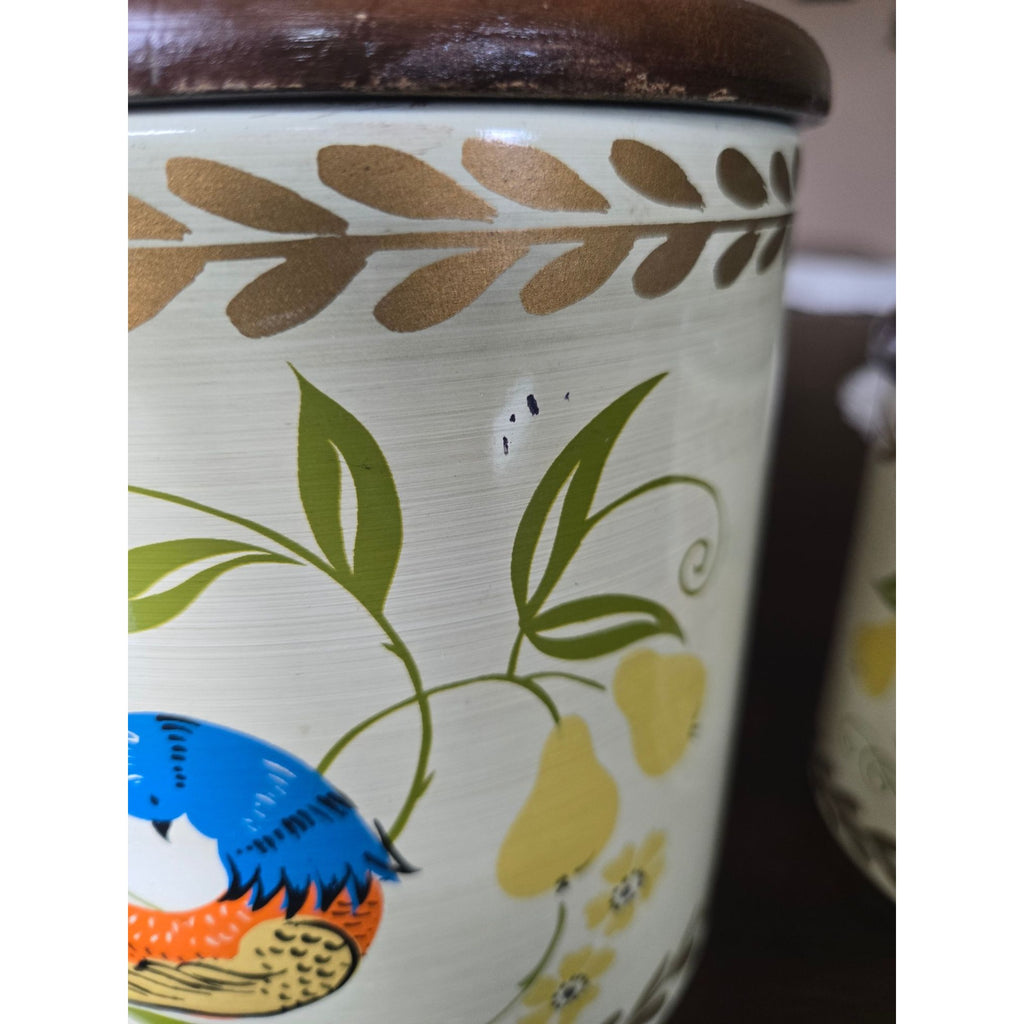 Vintage Ransburg Hand-Painted Metal Canister Set W/Wood Lids Floral & Bird Design USA