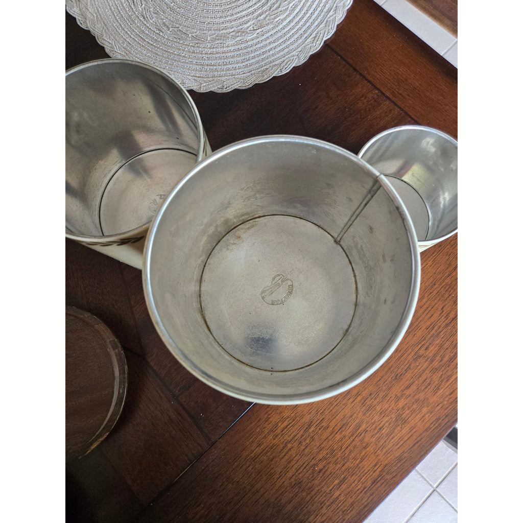 Vintage Ransburg Hand-Painted Metal Canister Set W/Wood Lids Floral & Bird Design USA