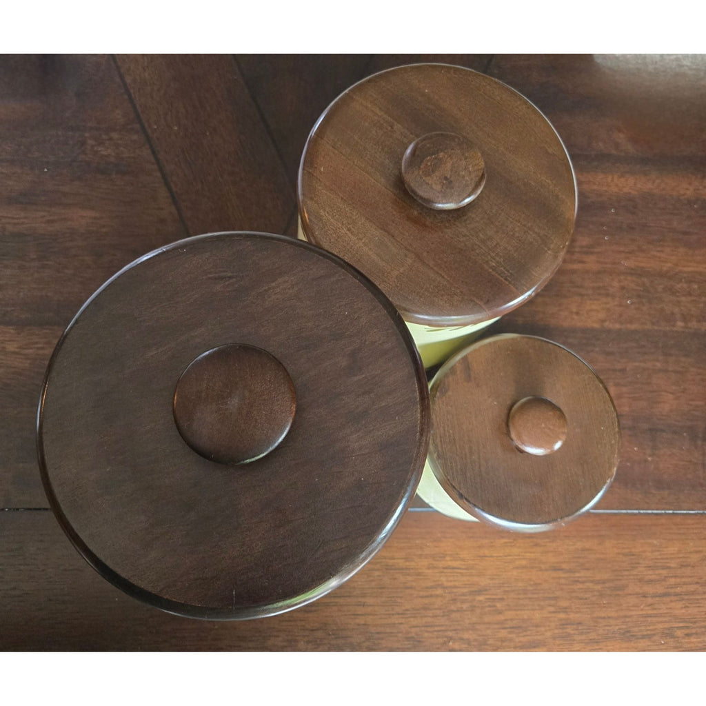 Vintage Ransburg Hand-Painted Metal Canister Set W/Wood Lids Floral & Bird Design USA