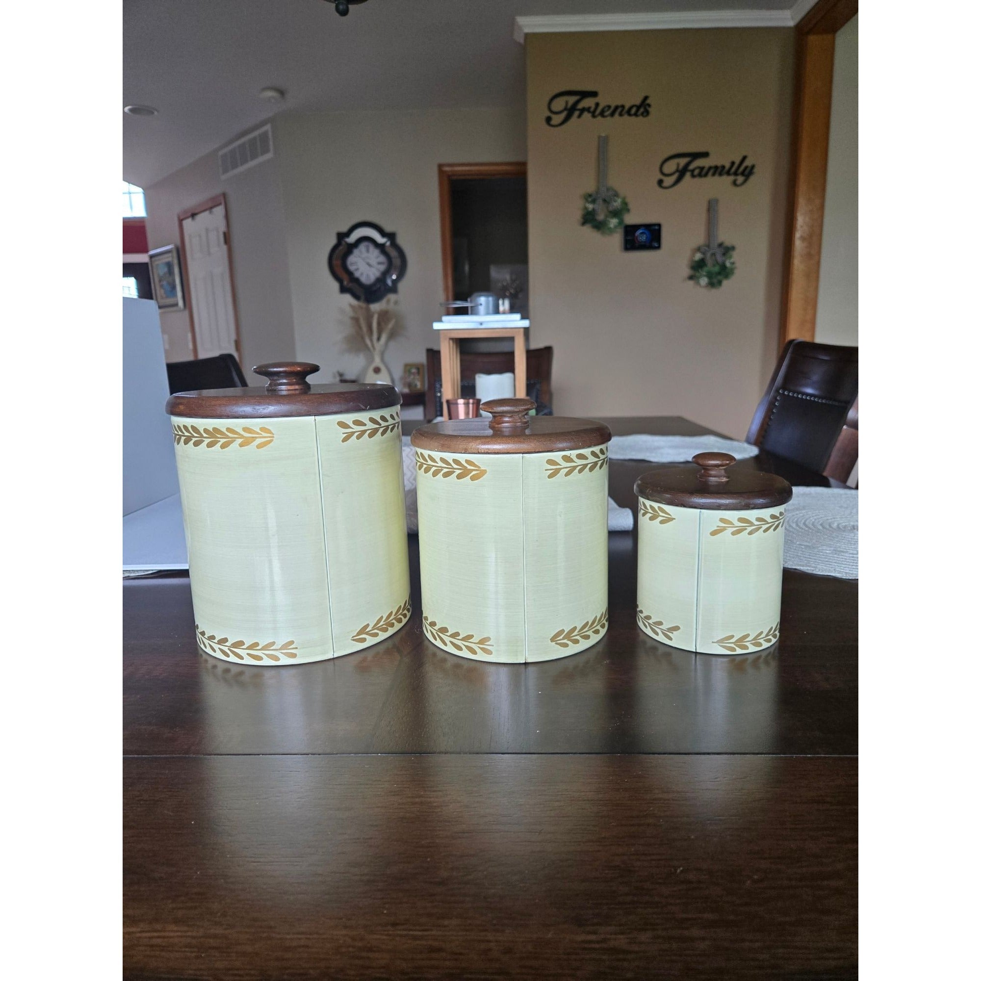 Vintage Ransburg Hand-Painted Metal Canister Set W/Wood Lids Floral & Bird Design USA