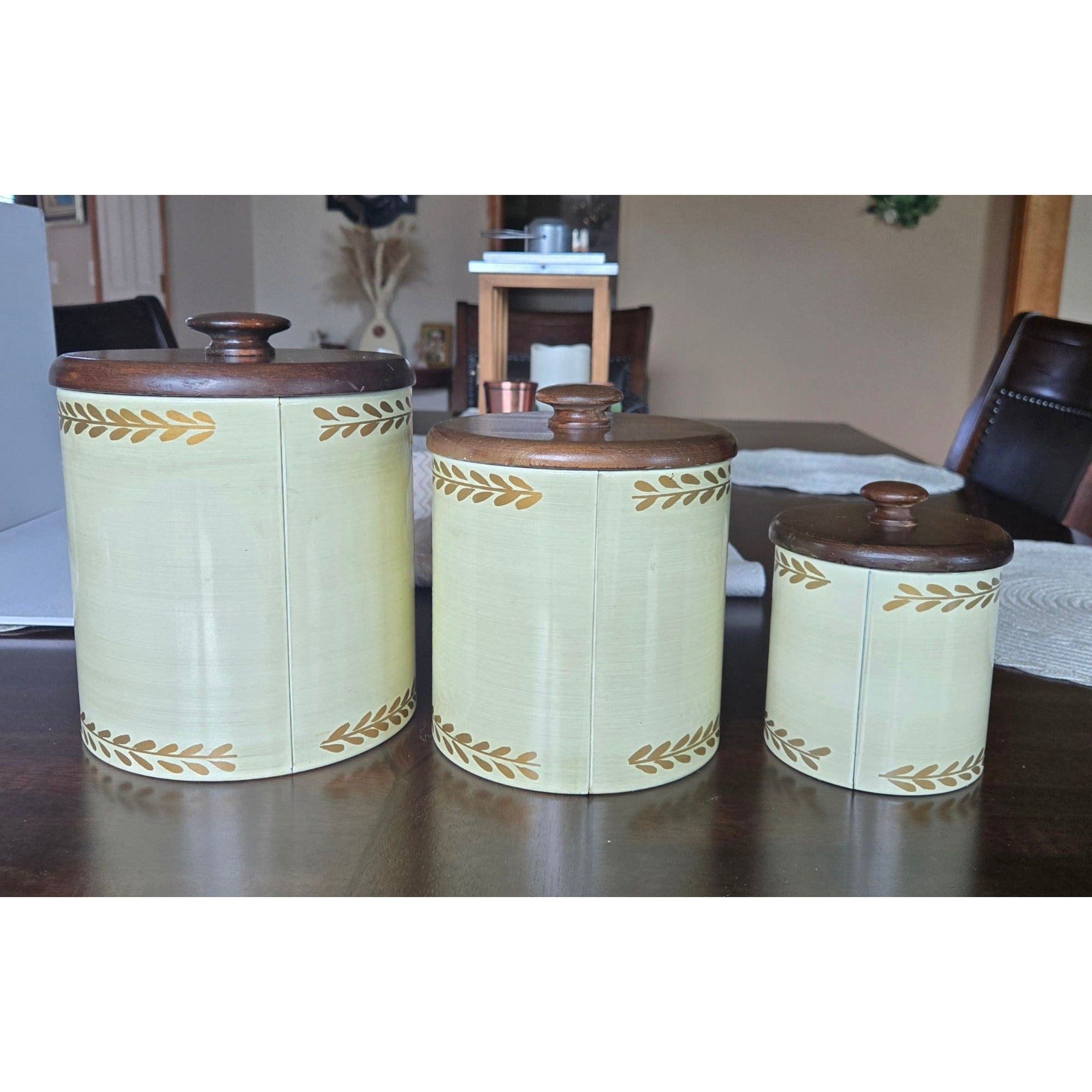 Vintage Ransburg Hand-Painted Metal Canister Set W/Wood Lids Floral & Bird Design USA