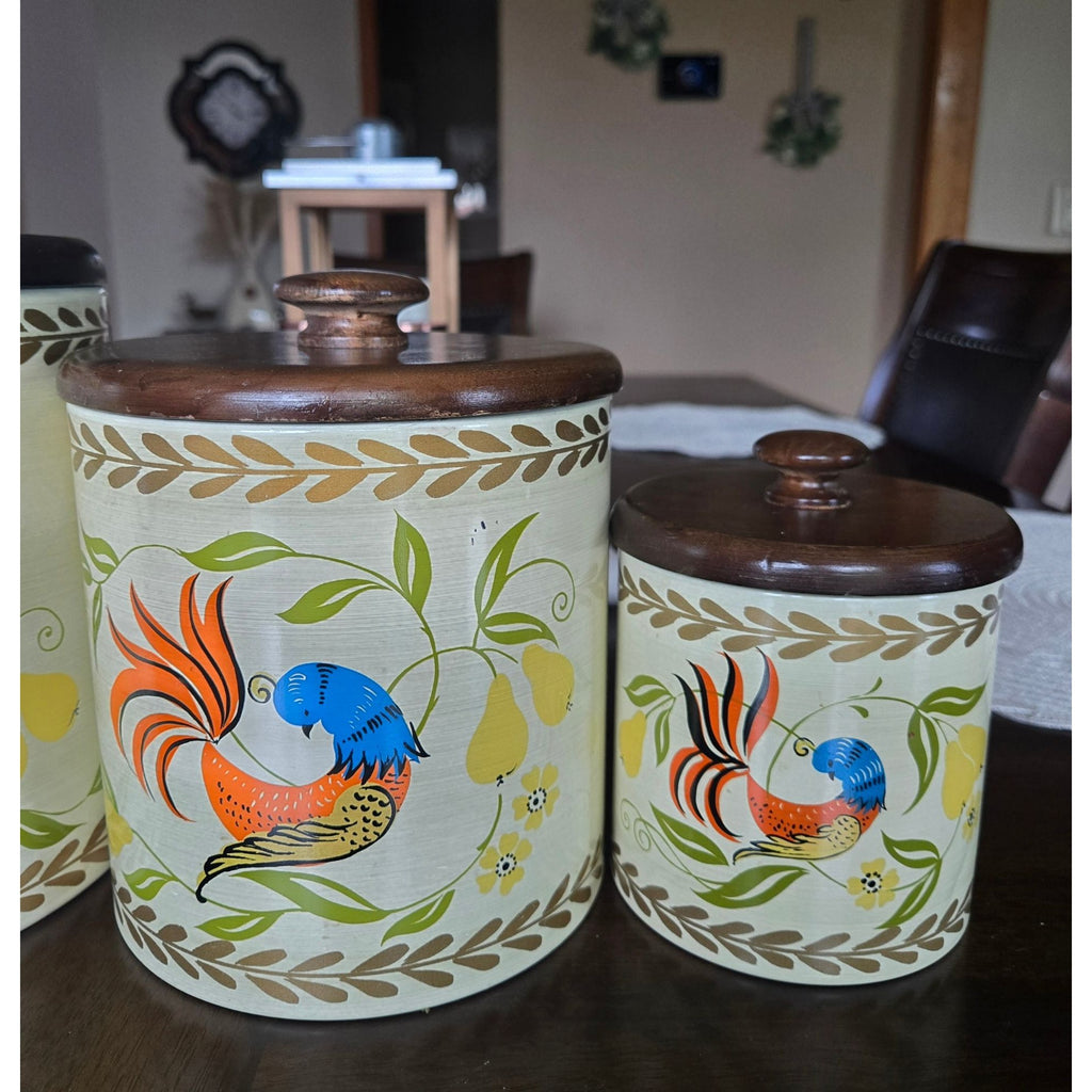 Vintage Ransburg Hand-Painted Metal Canister Set W/Wood Lids Floral & Bird Design USA