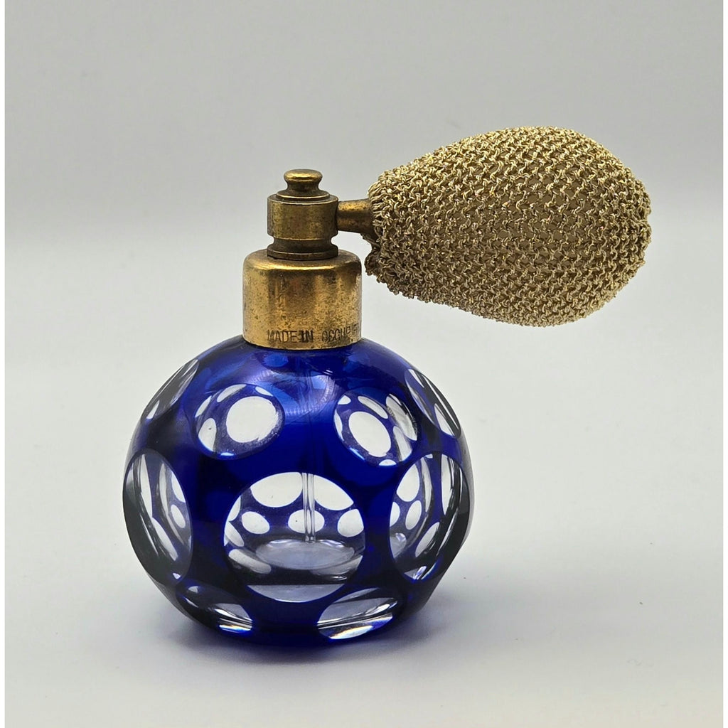 Vintage Cobalt Blue Cut Glass Perfume Atomizer w/mesh Bulb,Occupied Japan