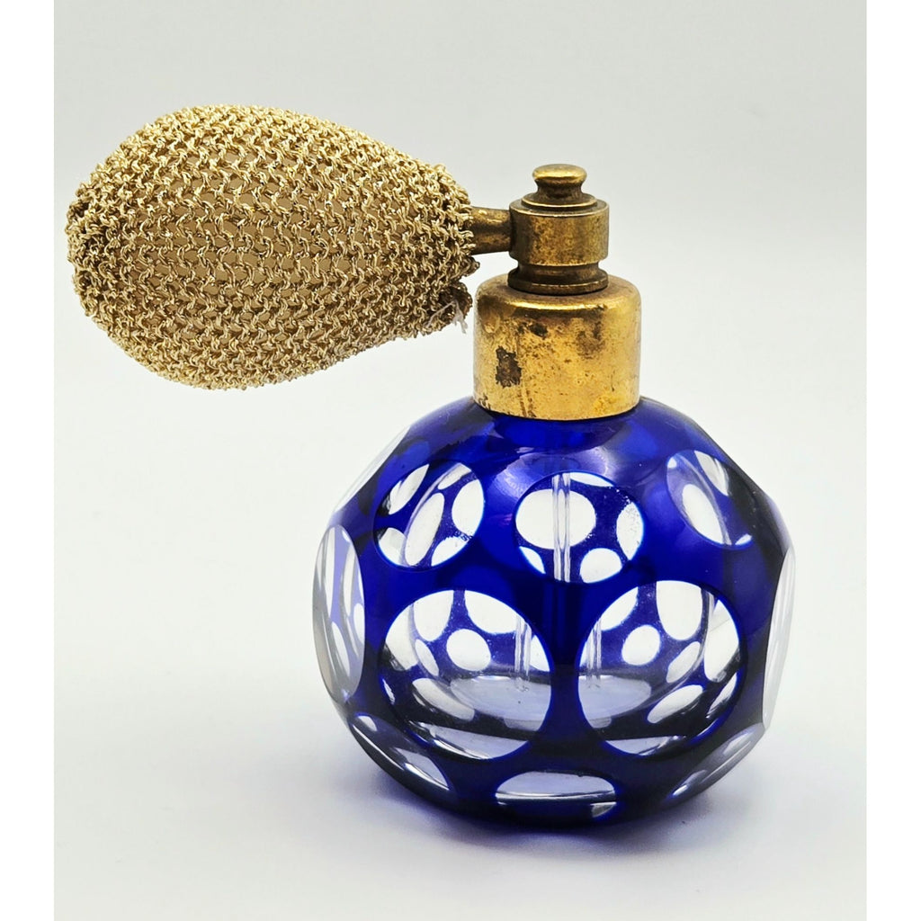 Vintage Cobalt Blue Cut Glass Perfume Atomizer w/mesh Bulb,Occupied Japan
