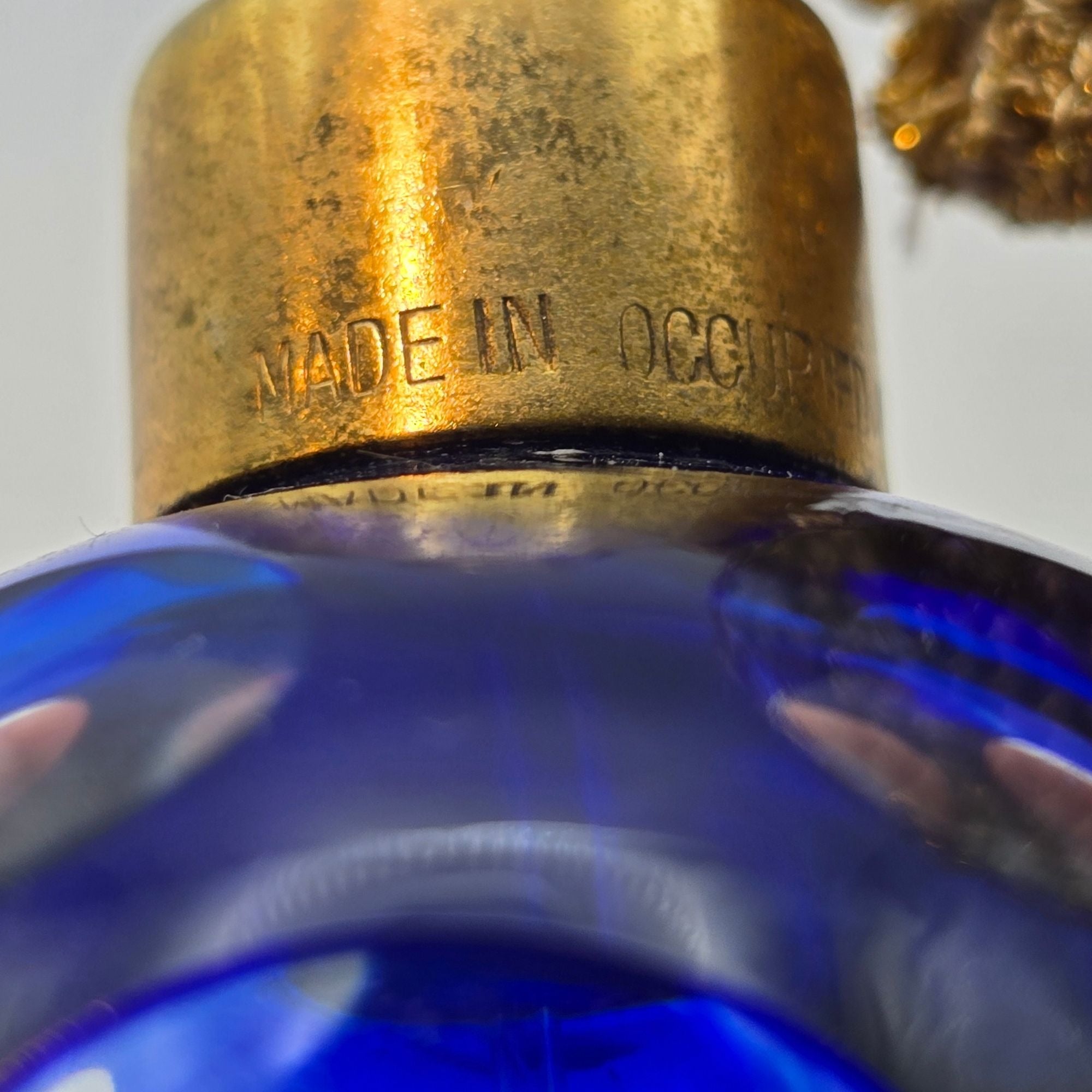 Vintage Cobalt Blue Cut Glass Perfume Atomizer w/mesh Bulb,Occupied Japan
