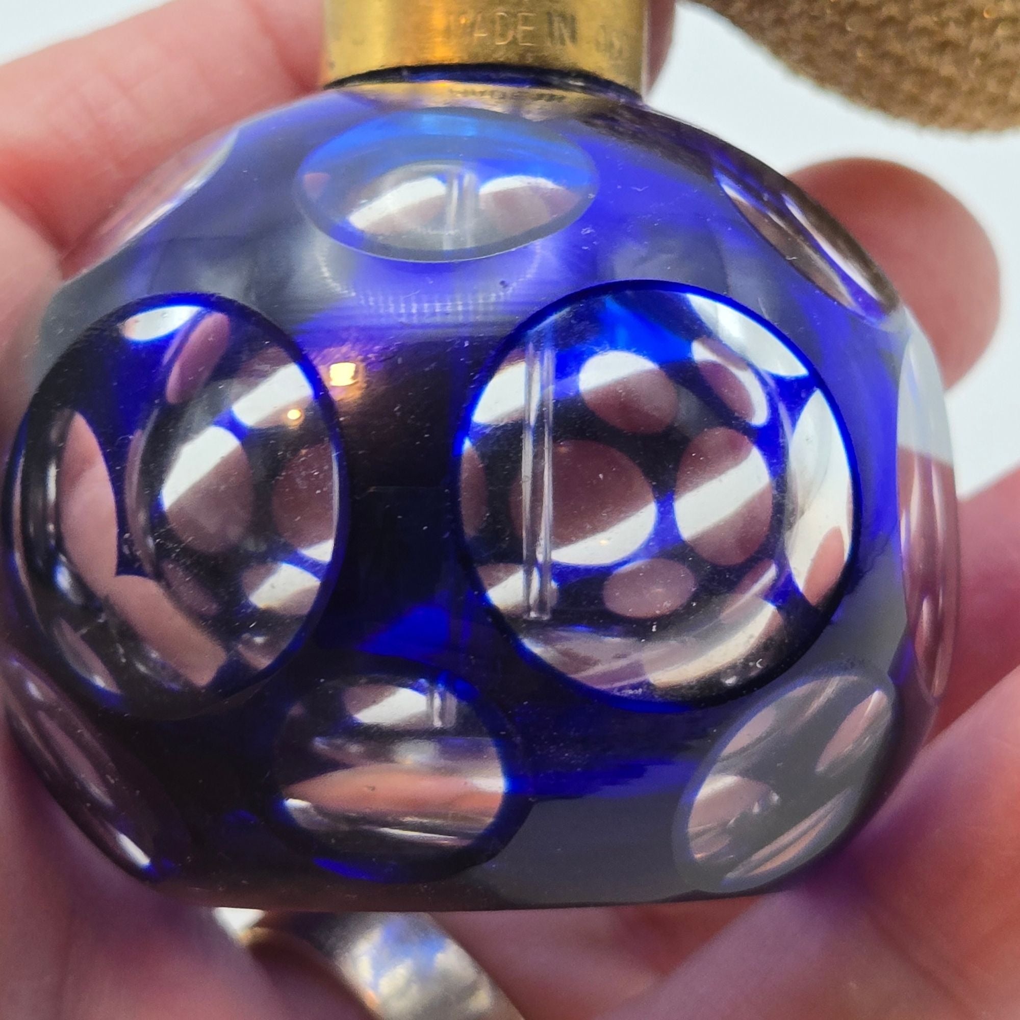 Vintage Cobalt Blue Cut Glass Perfume Atomizer w/mesh Bulb,Occupied Japan