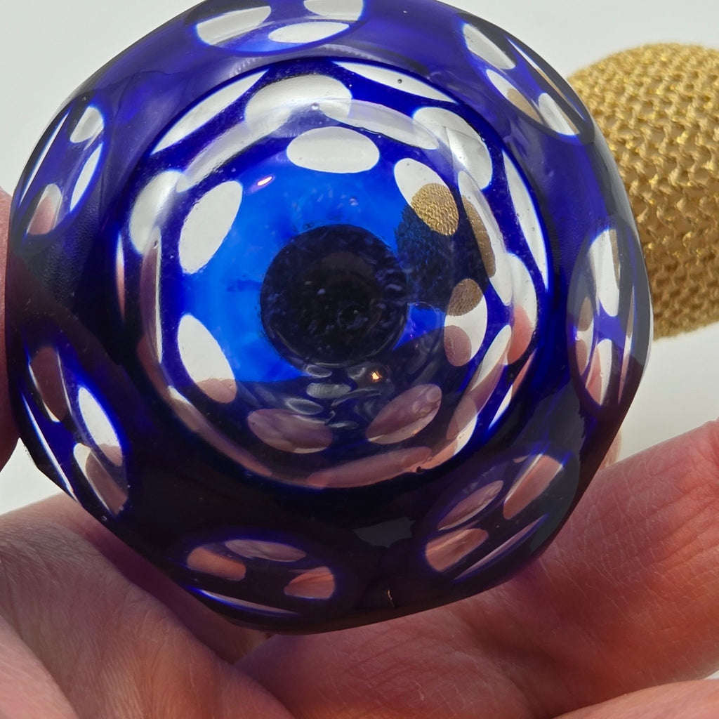 Vintage Cobalt Blue Cut Glass Perfume Atomizer w/mesh Bulb,Occupied Japan