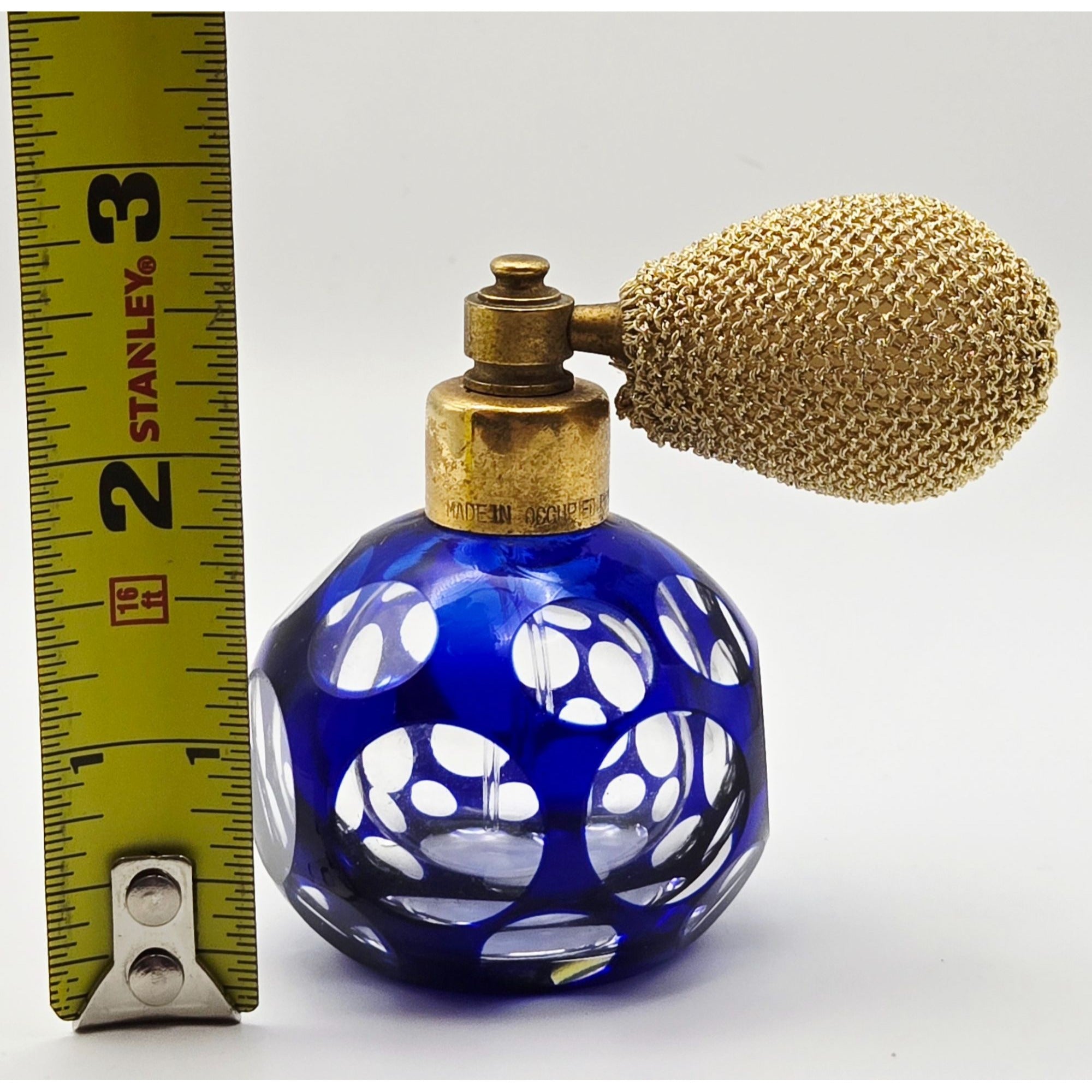 Vintage Cobalt Blue Cut Glass Perfume Atomizer w/mesh Bulb,Occupied Japan