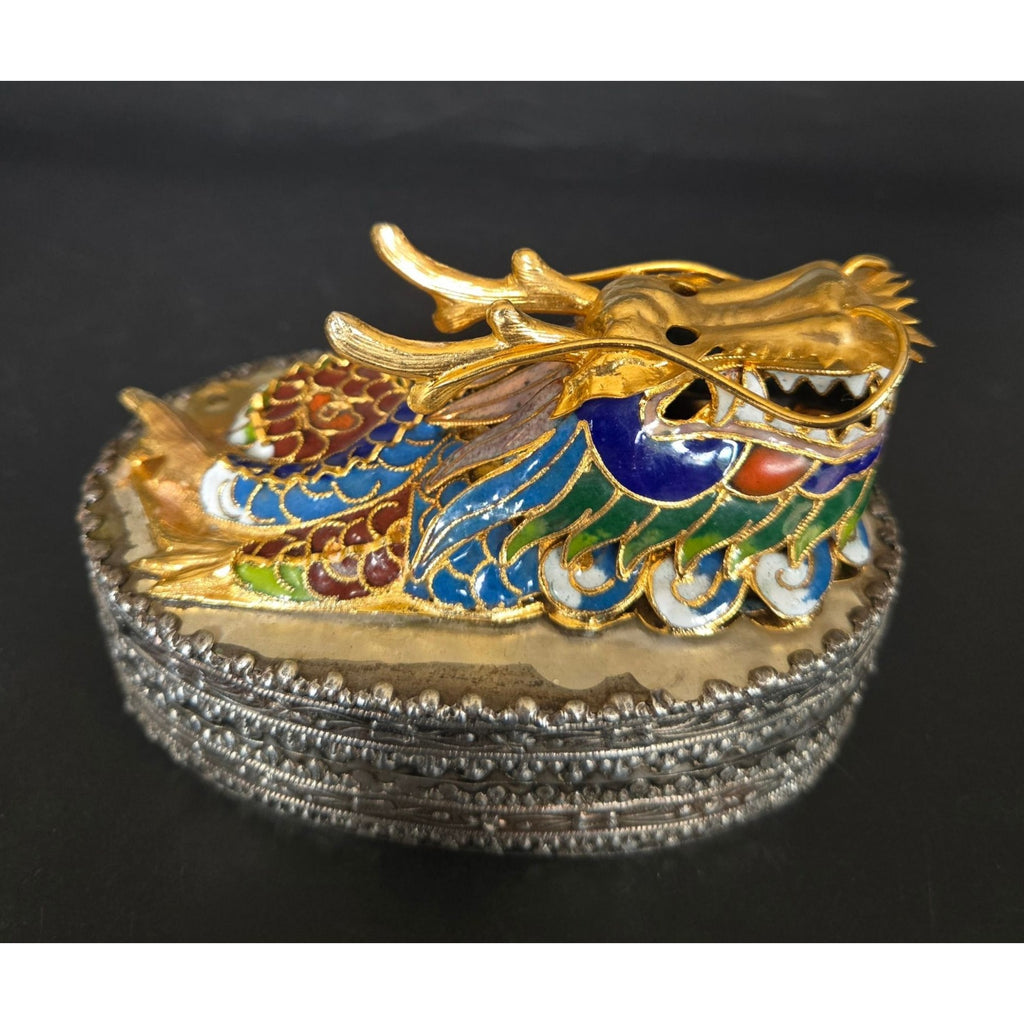 Chinese Cloisonné Dragon Trinket Box With Intricate Enamel & Silver Detailing 4"