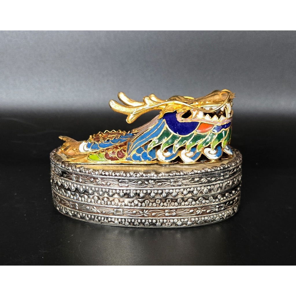 Chinese Cloisonné Dragon Trinket Box With Intricate Enamel & Silver Detailing 4"