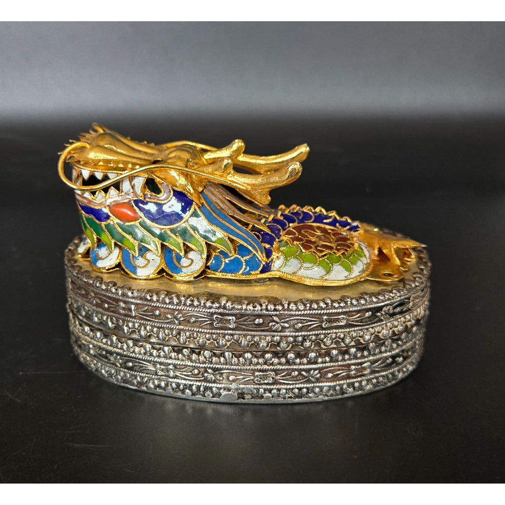 Chinese Cloisonné Dragon Trinket Box With Intricate Enamel & Silver Detailing 4"