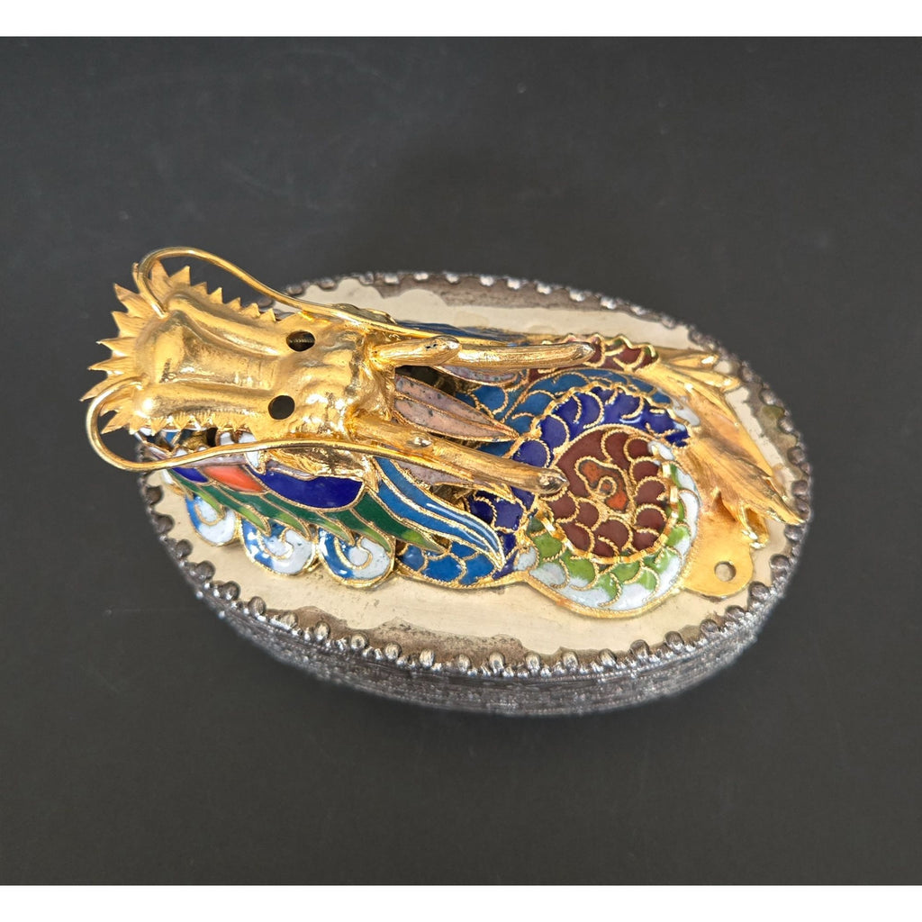 Chinese Cloisonné Dragon Trinket Box With Intricate Enamel & Silver Detailing 4"