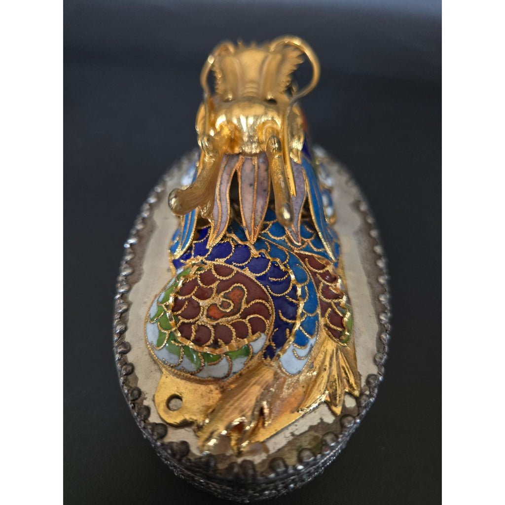 Chinese Cloisonné Dragon Trinket Box With Intricate Enamel & Silver Detailing 4"