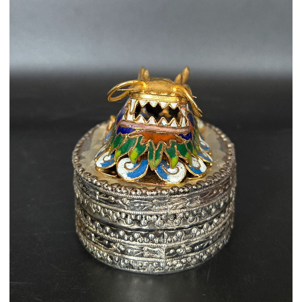 Chinese Cloisonné Dragon Trinket Box With Intricate Enamel & Silver Detailing 4"
