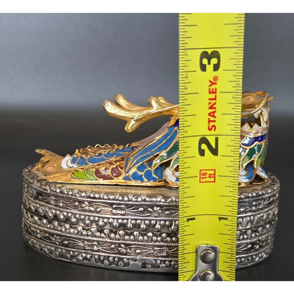 Chinese Cloisonné Dragon Trinket Box With Intricate Enamel & Silver Detailing 4"