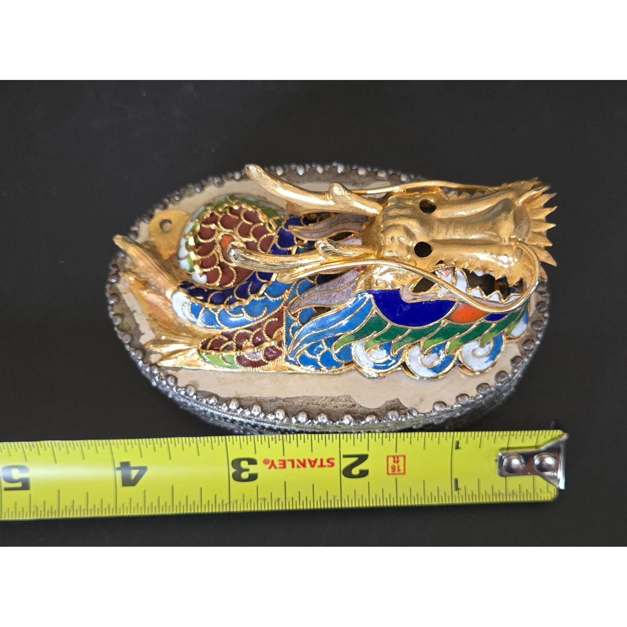 Chinese Cloisonné Dragon Trinket Box With Intricate Enamel & Silver Detailing 4"