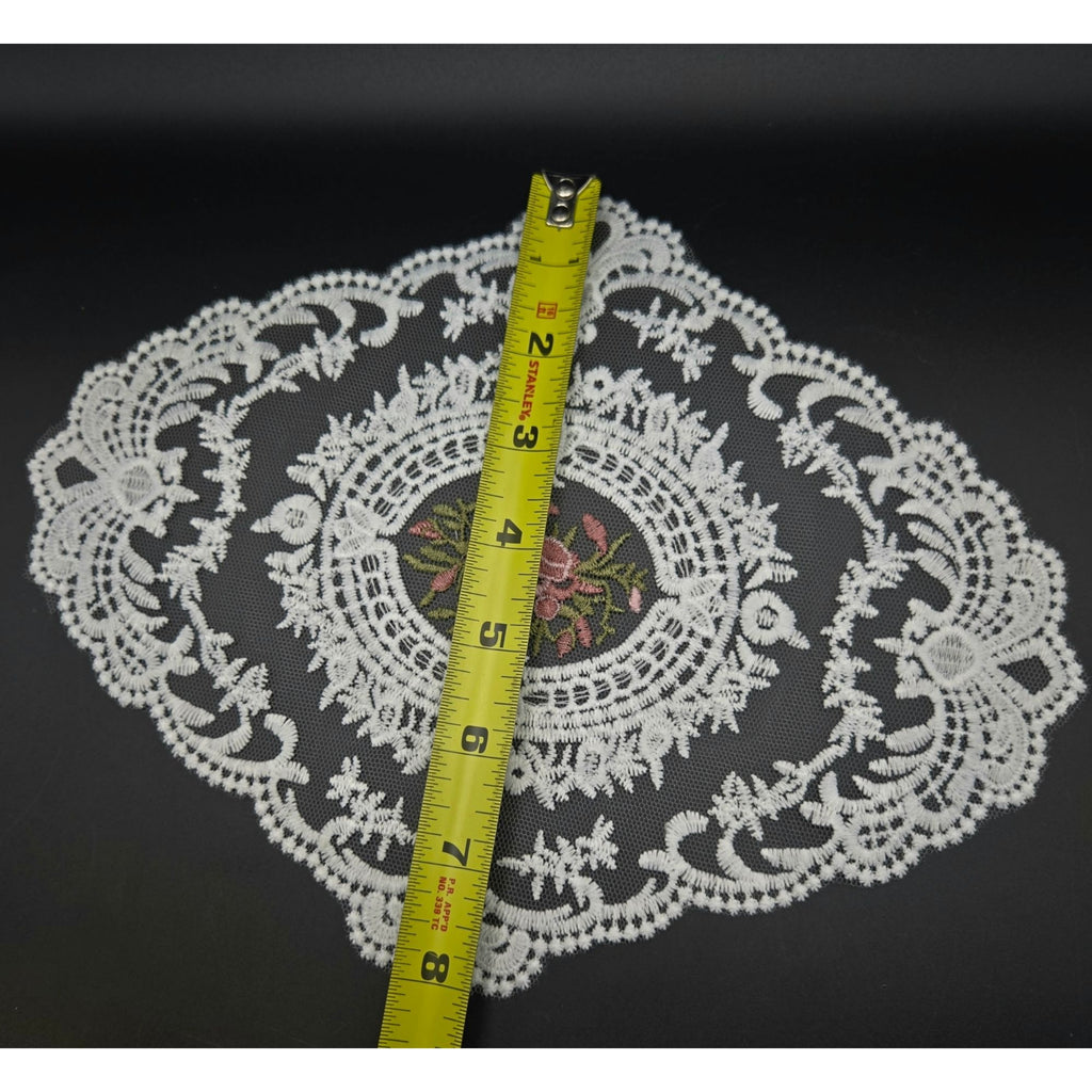 White Lace Doily Floral Embroidery Centerpiece Oval 10", White and Pink