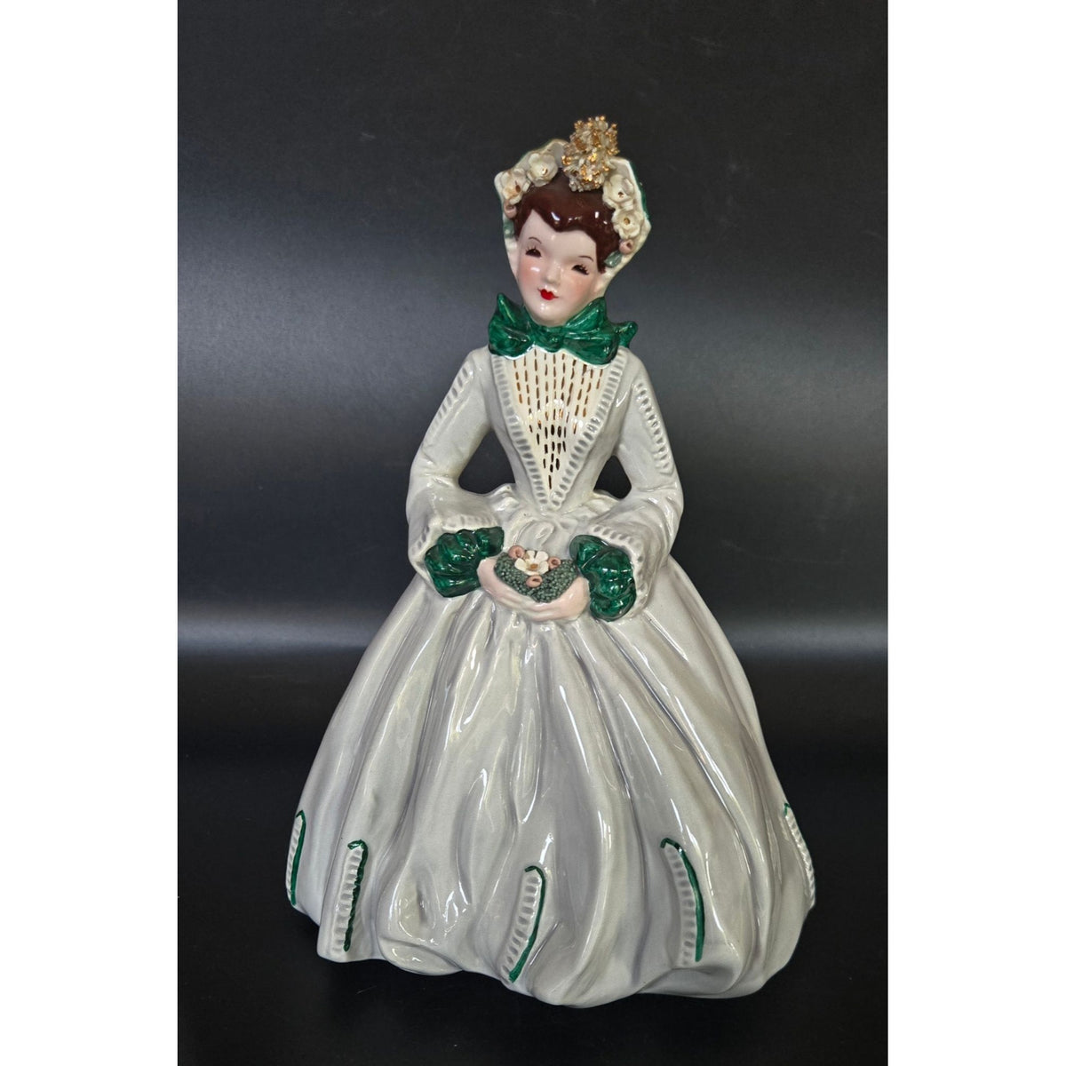 Vintage Florence Lady Figurine Sue Ellen Green Accents & Floral Details 8" Tall Collectible