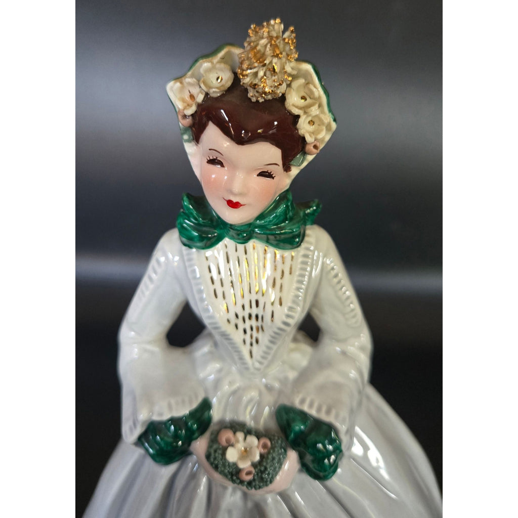 Vintage Florence Lady Figurine Sue Ellen Green Accents & Floral Details 8" Tall Collectible
