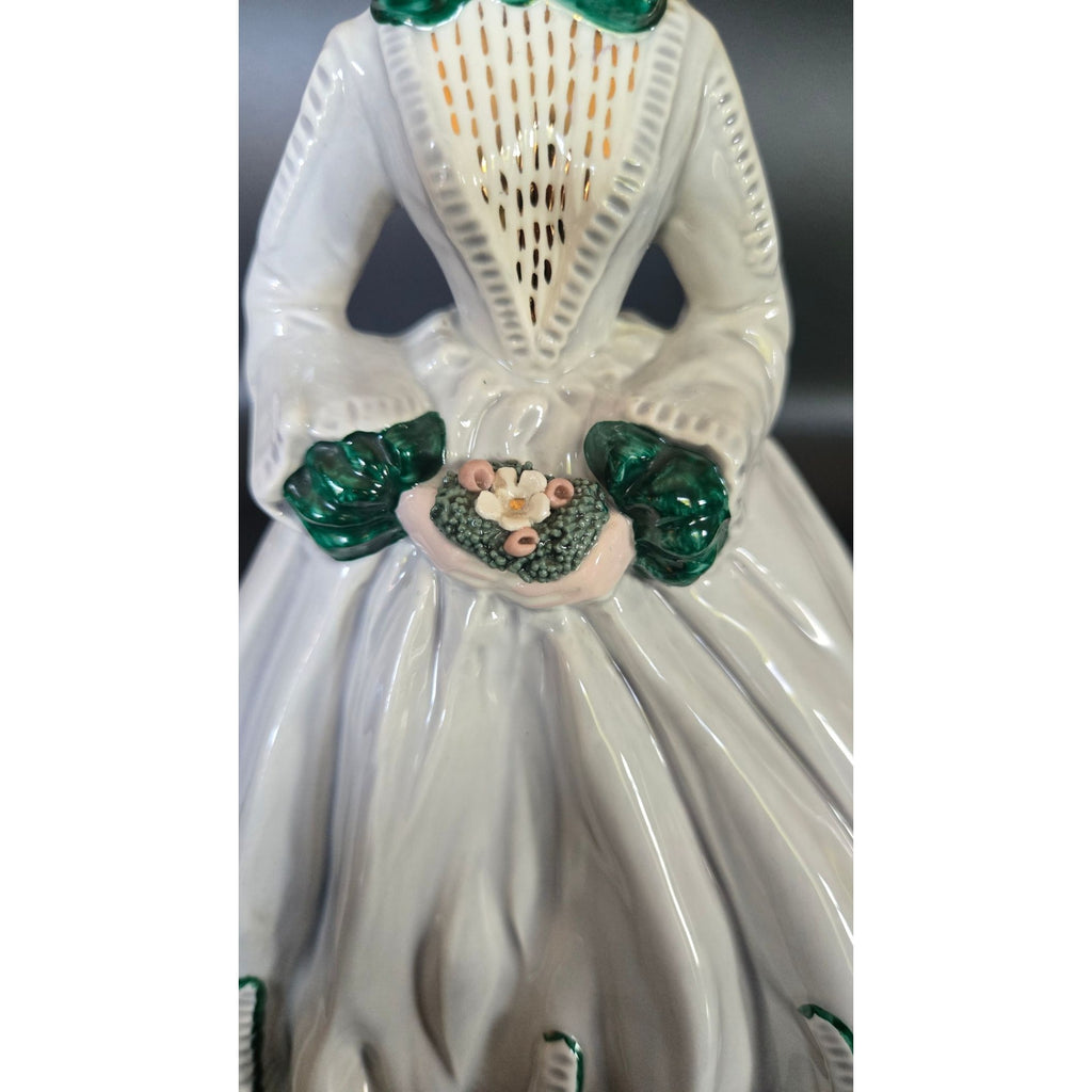 Vintage Florence Lady Figurine Sue Ellen Green Accents & Floral Details 8" Tall Collectible