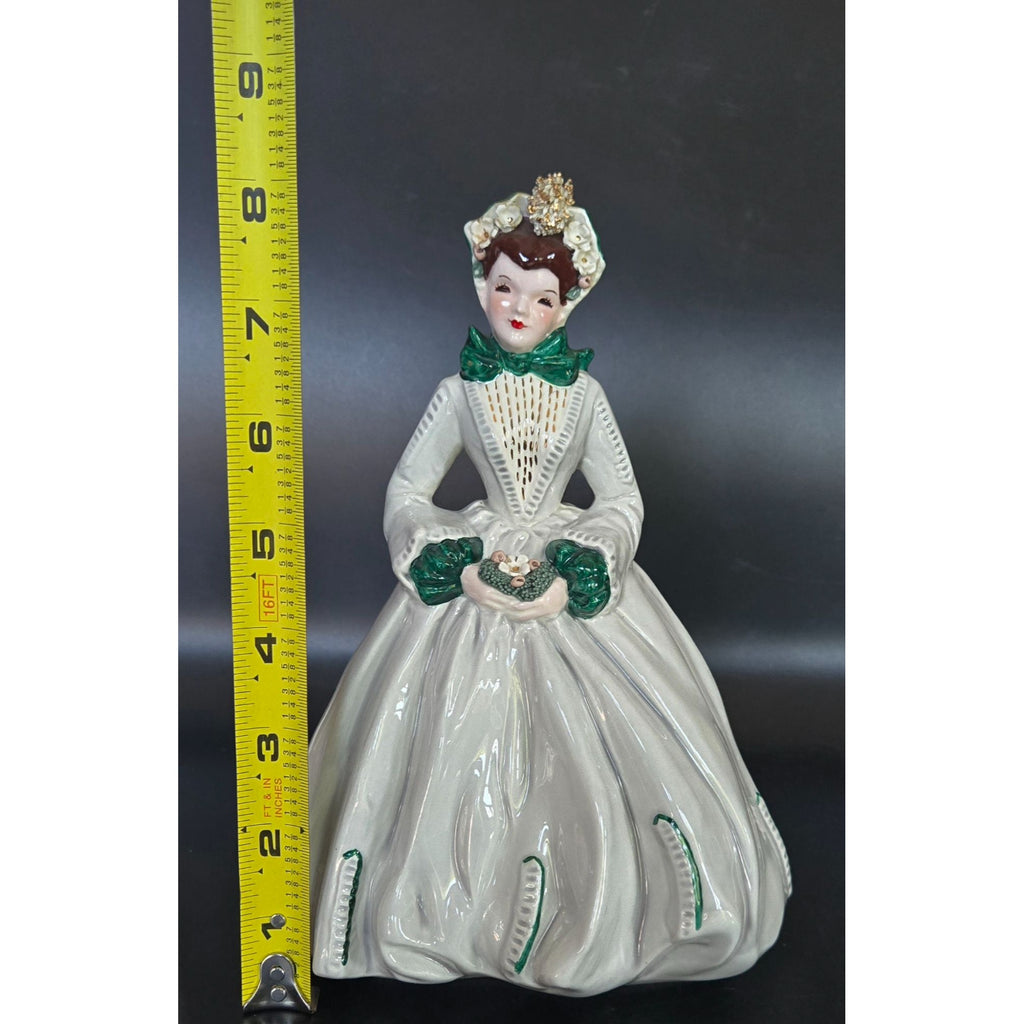 Vintage Florence Lady Figurine Sue Ellen Green Accents & Floral Details 8" Tall Collectible