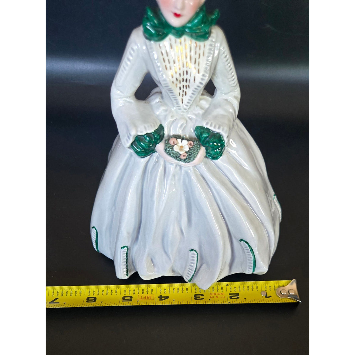 Vintage Florence Lady Figurine Sue Ellen Green Accents & Floral Details 8" Tall Collectible