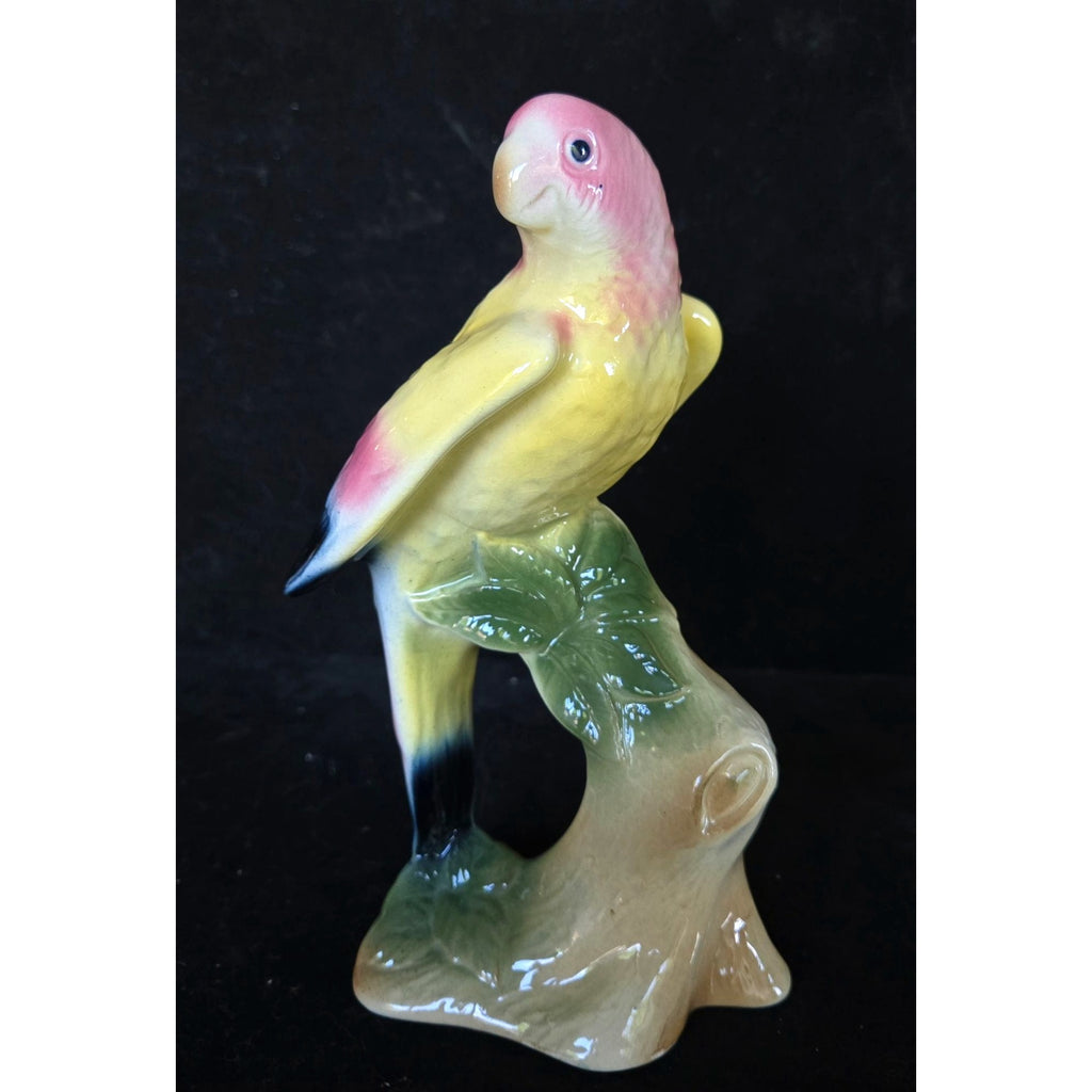 Vintage Ceramic Parrot Figurine Handpainted Yellow Pink Brazil 8"