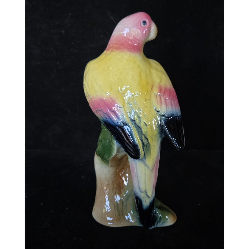 Vintage Ceramic Parrot Figurine Handpainted Yellow Pink Brazil 8"