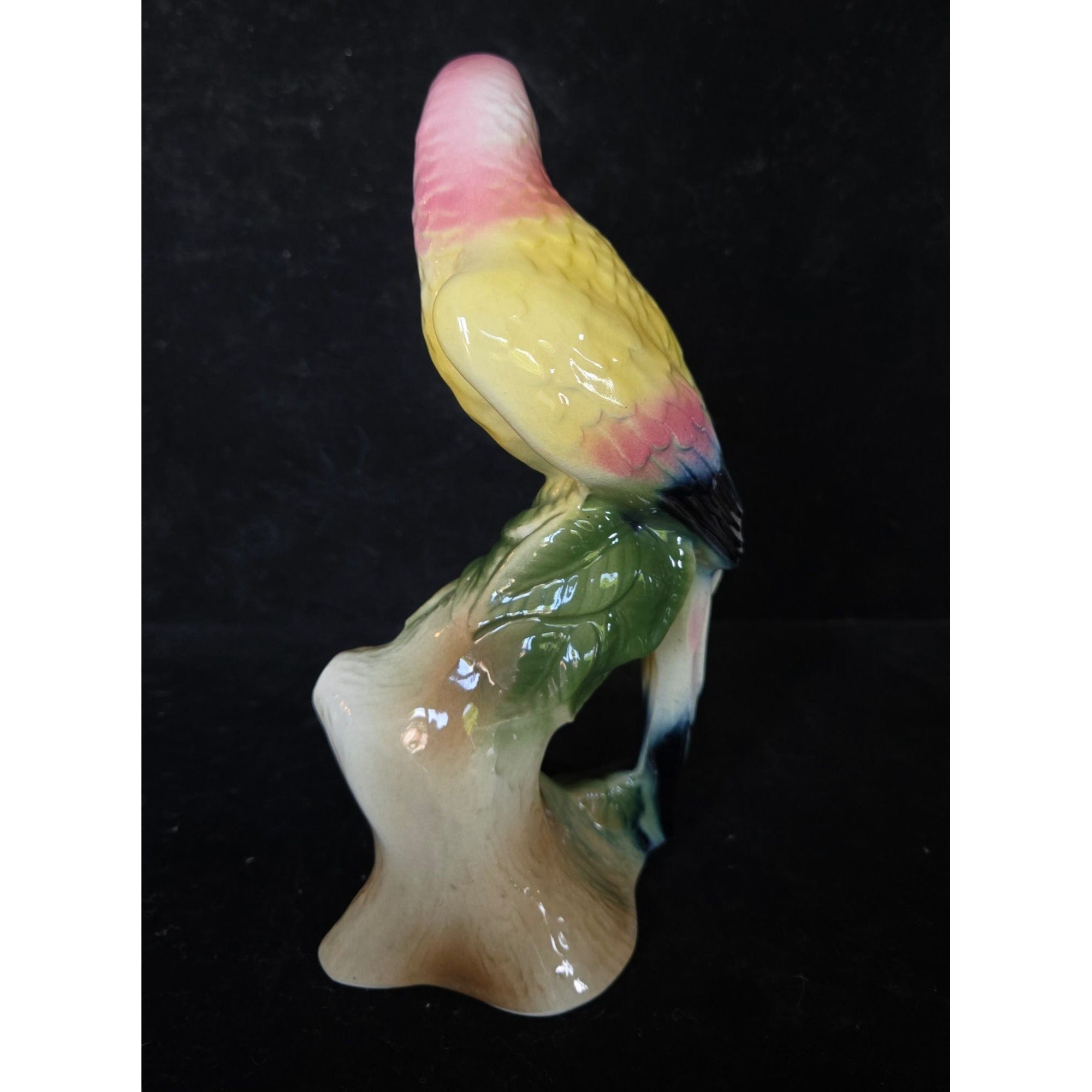 Vintage Ceramic Parrot Figurine Handpainted Yellow Pink Brazil 8"