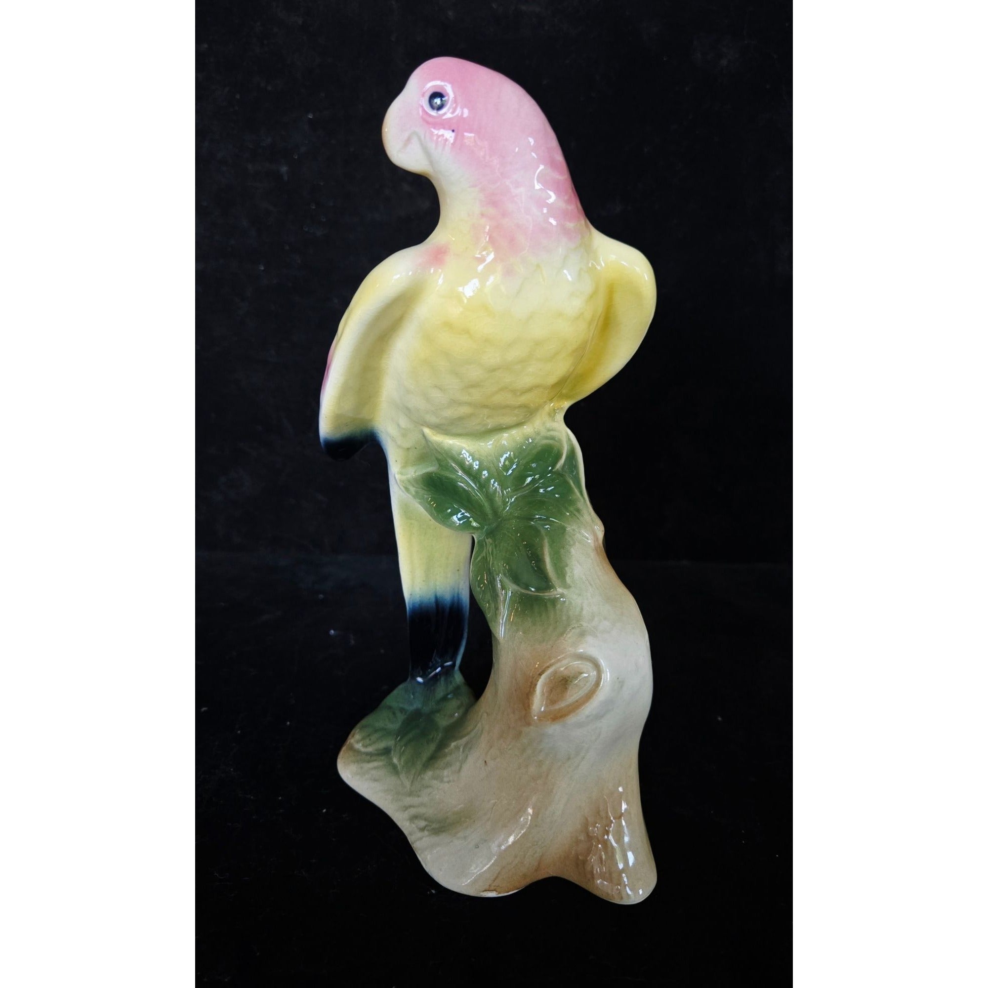 Vintage Ceramic Parrot Figurine Handpainted Yellow Pink Brazil 8"