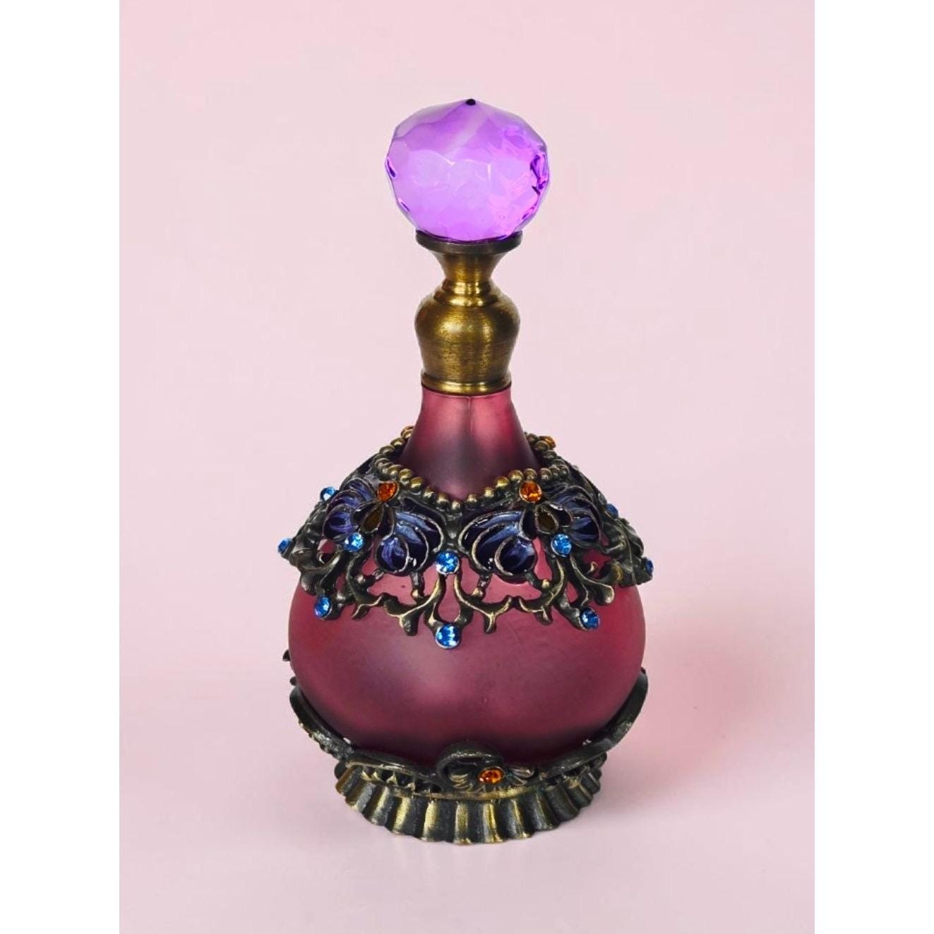 Vintage Ornate Purple Glass Ormolu Perfume Bottle With Crystal Stopper