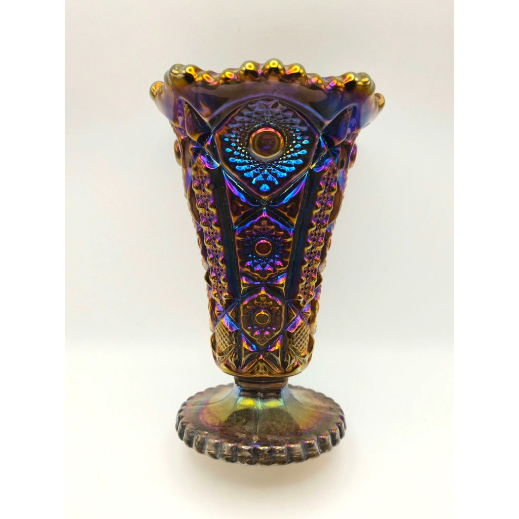 Imperial Glass Carnival Glass Electric Blue Purple Vase Sawtooth Rim & Intricate Designs