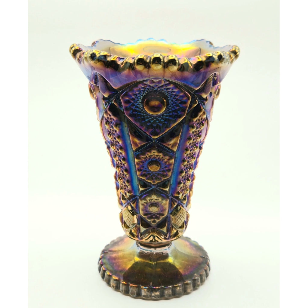 Imperial Glass Carnival Glass Electric Blue Purple Vase Sawtooth Rim & Intricate Designs