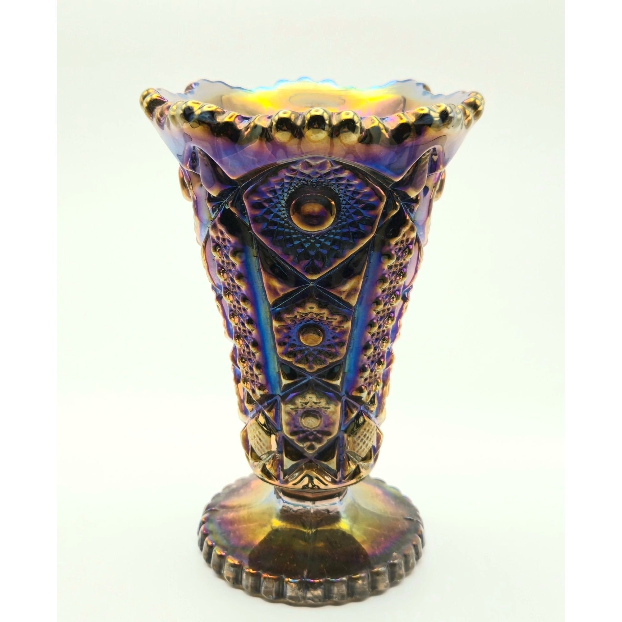 Imperial Glass Carnival Glass Electric Blue Purple Vase Sawtooth Rim & Intricate Designs
