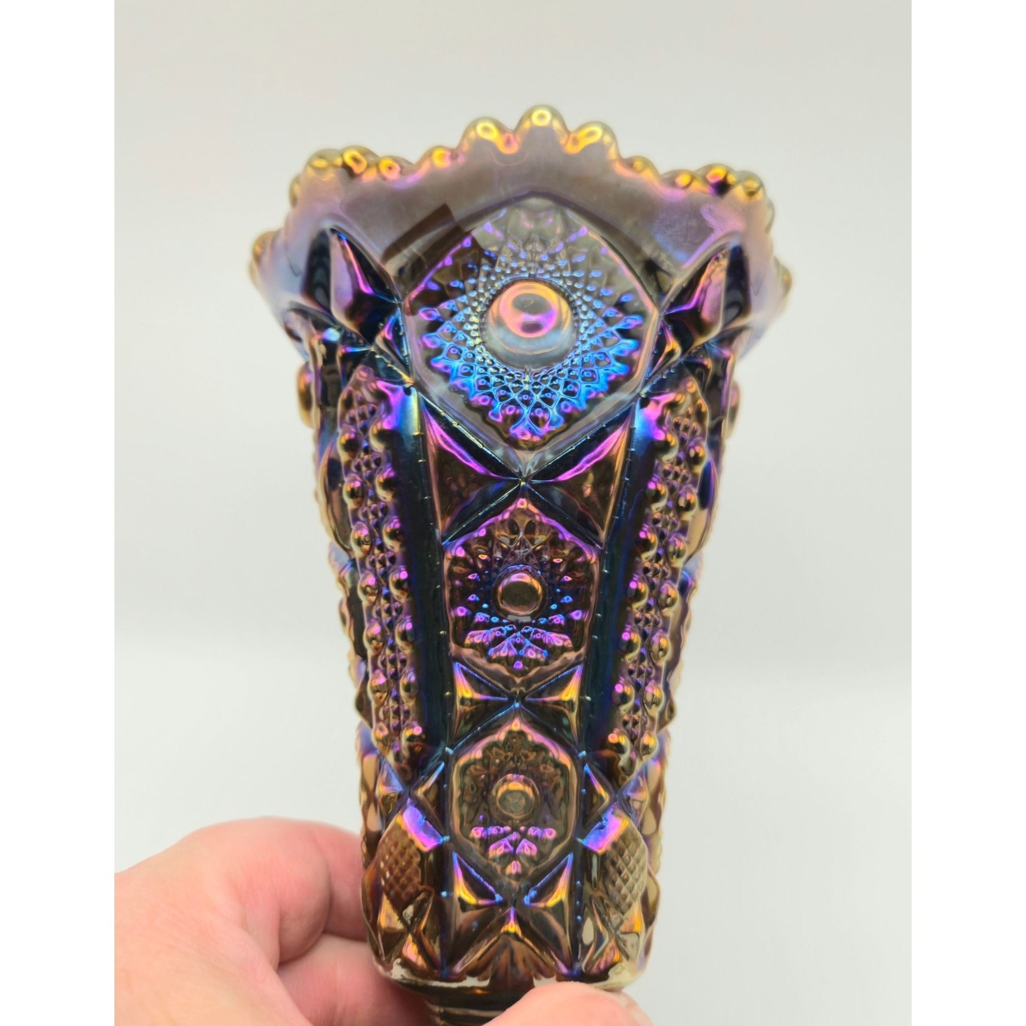 Imperial Glass Carnival Glass Electric Blue Purple Vase Sawtooth Rim & Intricate Designs