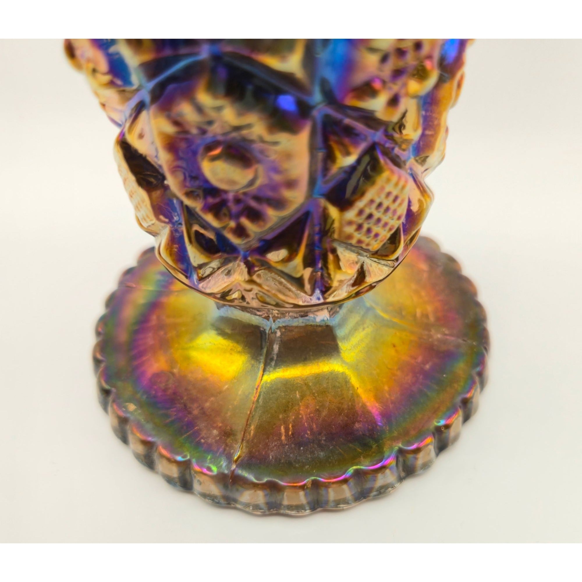 Imperial Glass Carnival Glass Electric Blue Purple Vase Sawtooth Rim & Intricate Designs