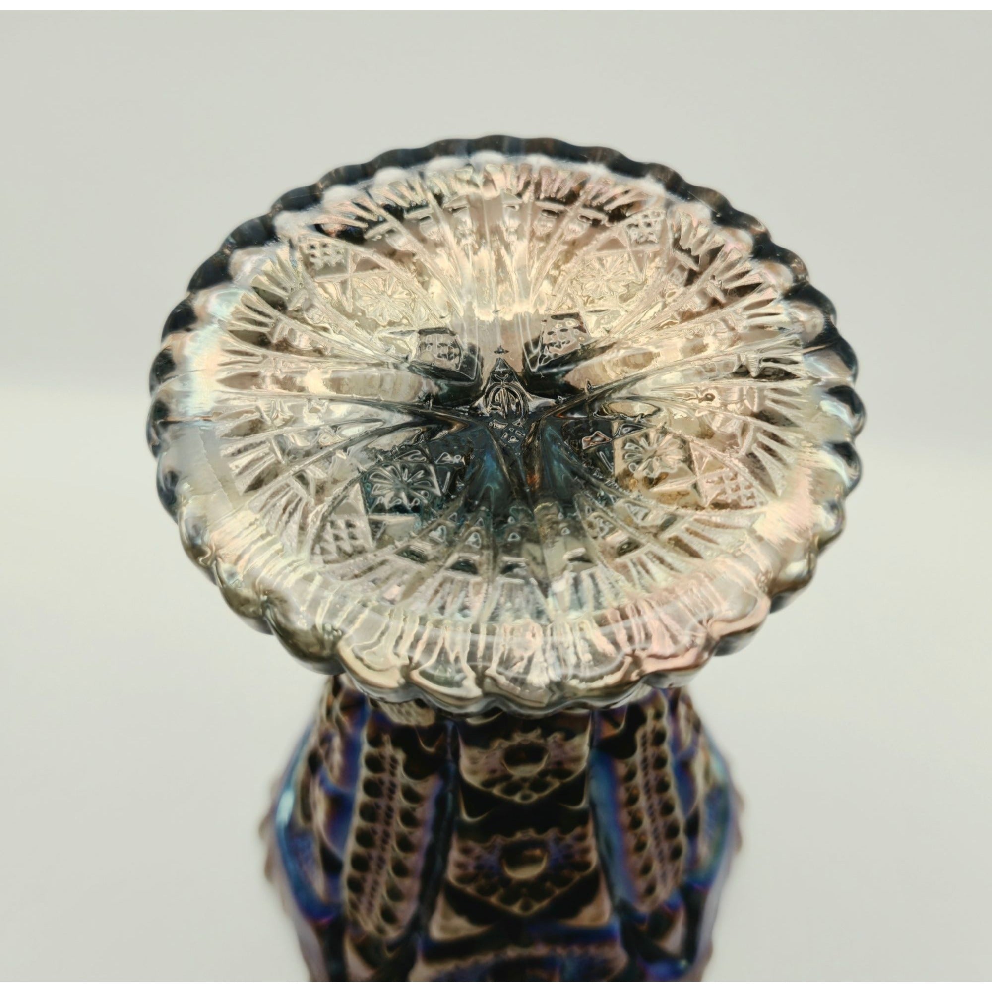 Imperial Glass Carnival Glass Electric Blue Purple Vase Sawtooth Rim & Intricate Designs