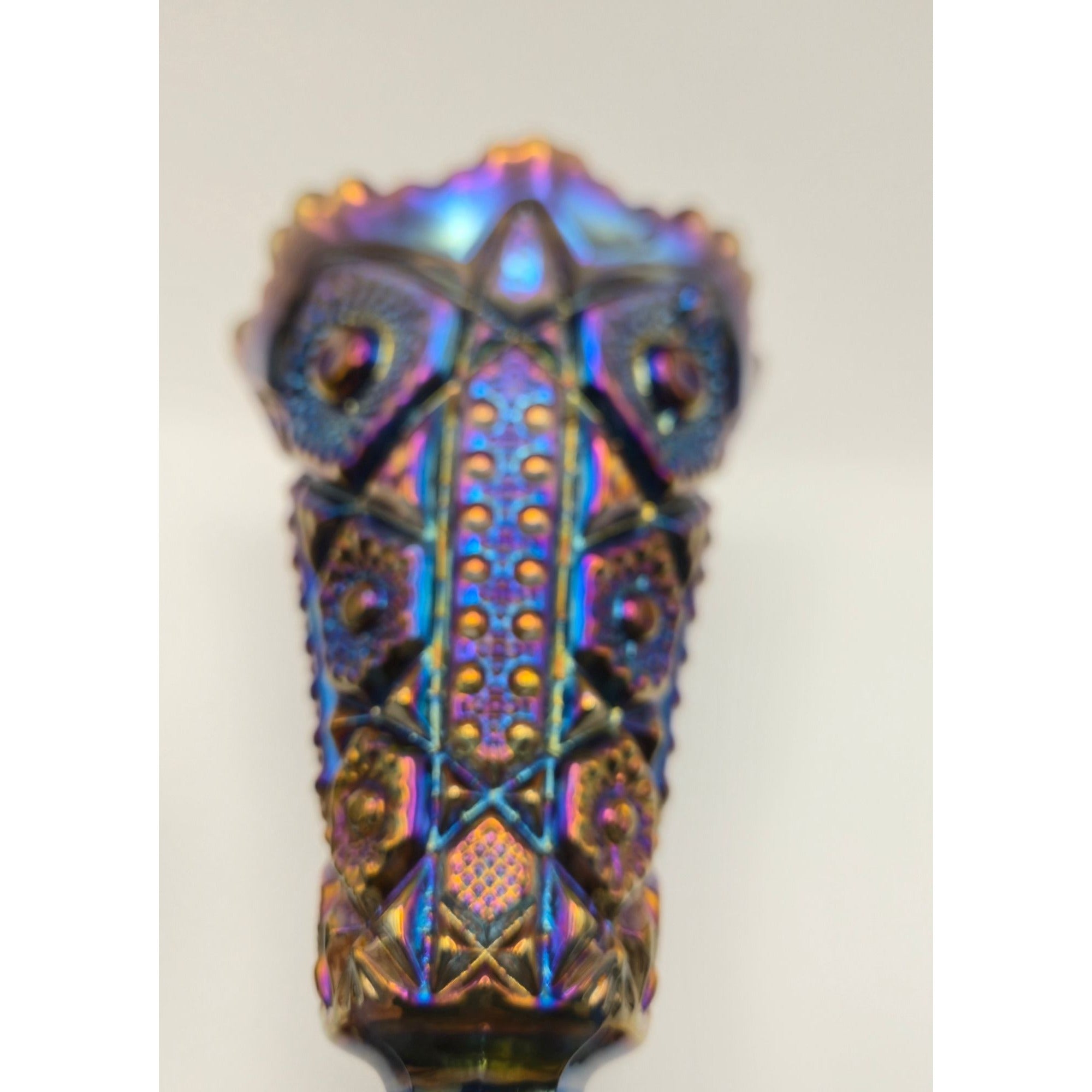 Imperial Glass Carnival Glass Electric Blue Purple Vase Sawtooth Rim & Intricate Designs