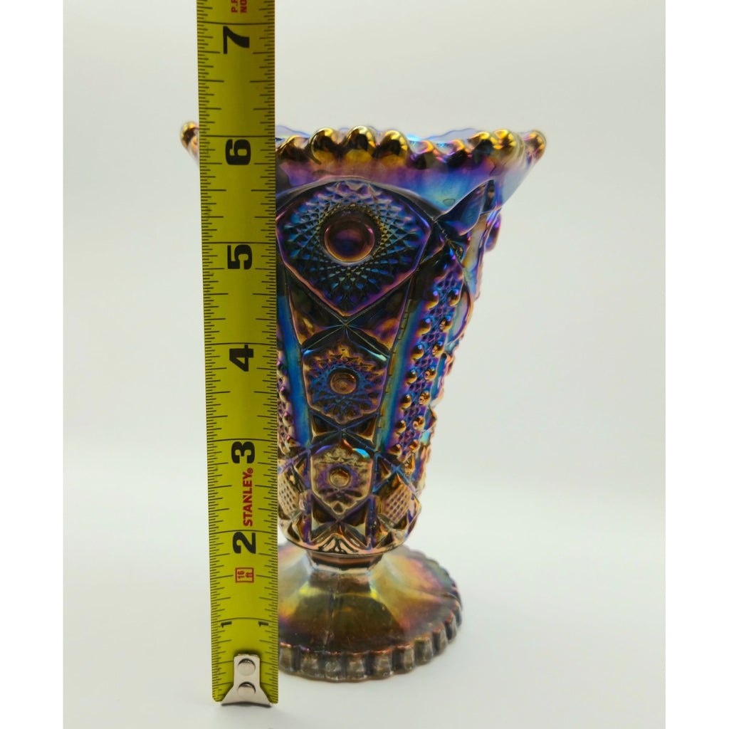 Imperial Glass Carnival Glass Electric Blue Purple Vase Sawtooth Rim & Intricate Designs